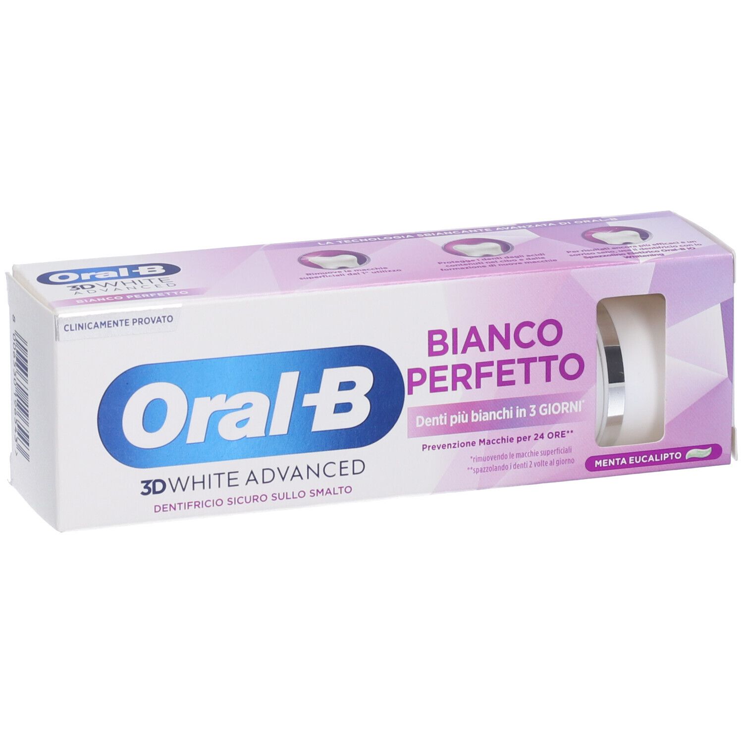 Confezione dentifricio Oral-B 3D White Advanced Bianco Perfetto. Tubo visibile. Logo e nome del prodotto. Menta eucalipto.