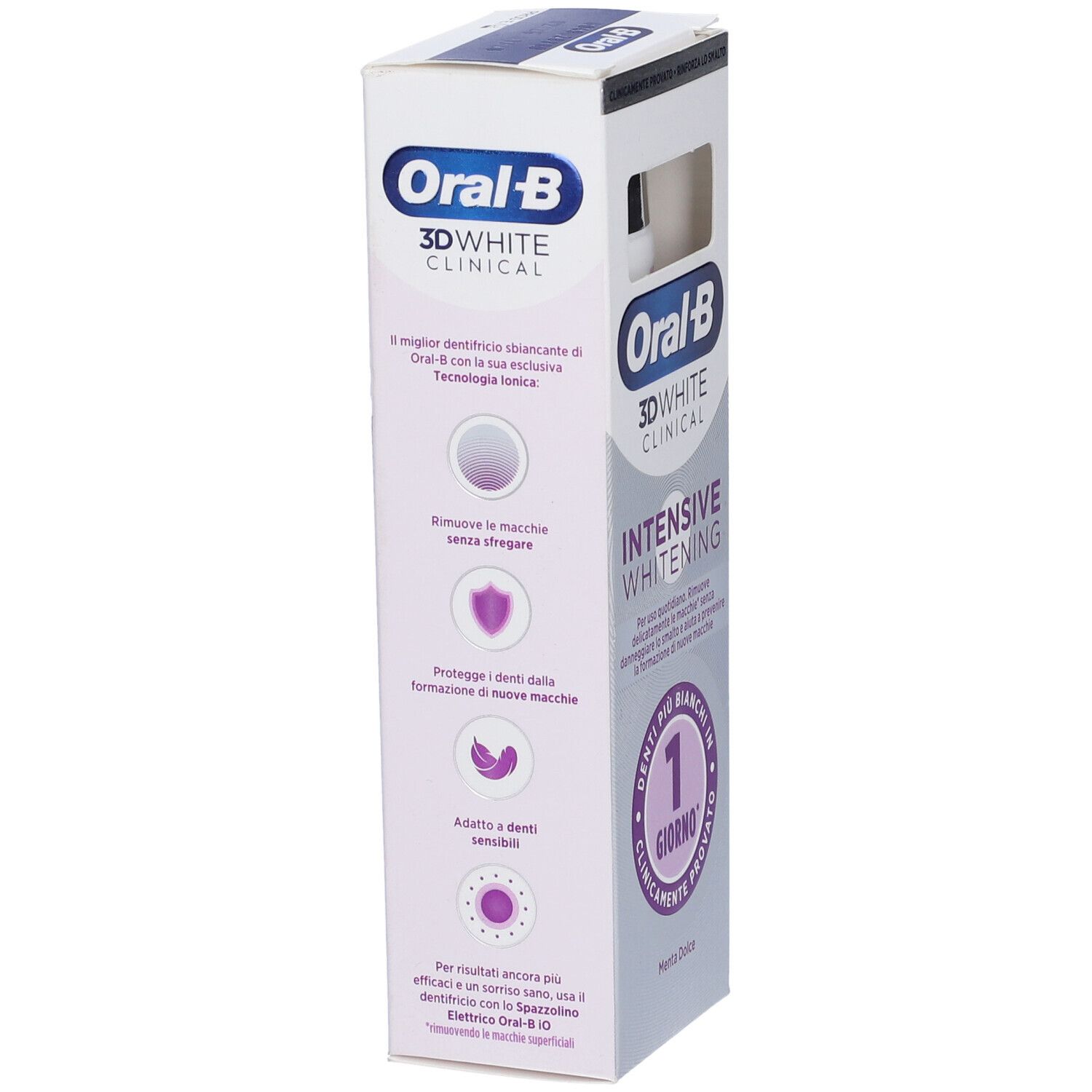 Lato confezione dentifricio. Oral-B 3D White Clinical Intensive Whitening. Testo e logo.