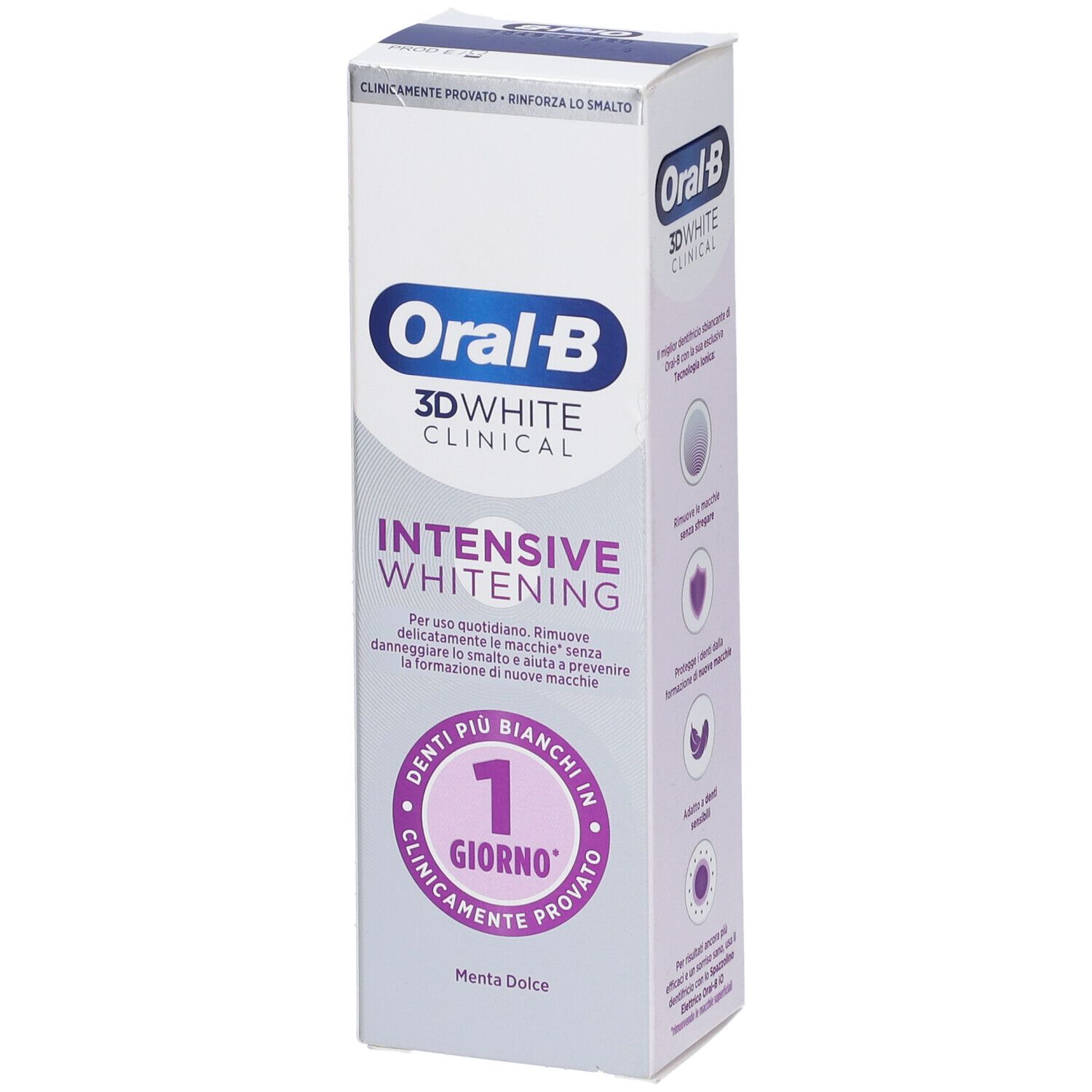 Confezione dentifricio Oral-B 3D White Clinical Intensive Whitening. Testo e logo. Menta Dolce.