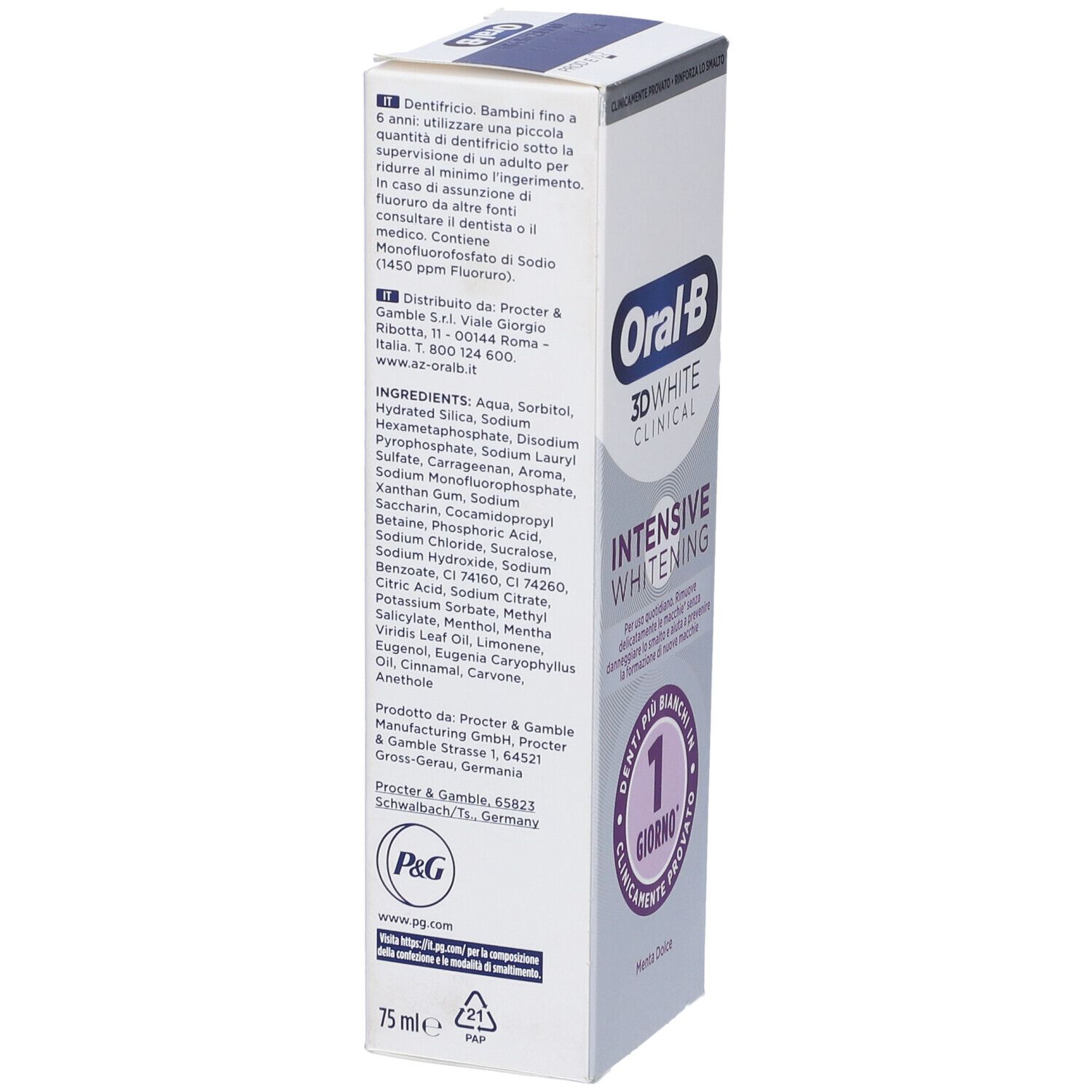 Retro confezione dentifricio. Oral-B 3D White Clinical. Testo e logo. Ingredienti.
