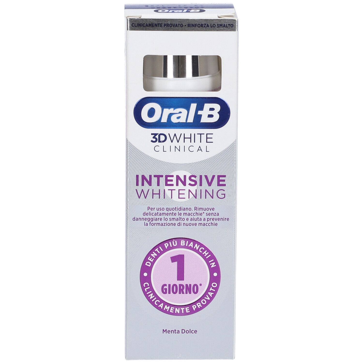 Confezione dentifricio Oral-B 3D White Clinical Intensive Whitening. Testo e logo. Menta Dolce.