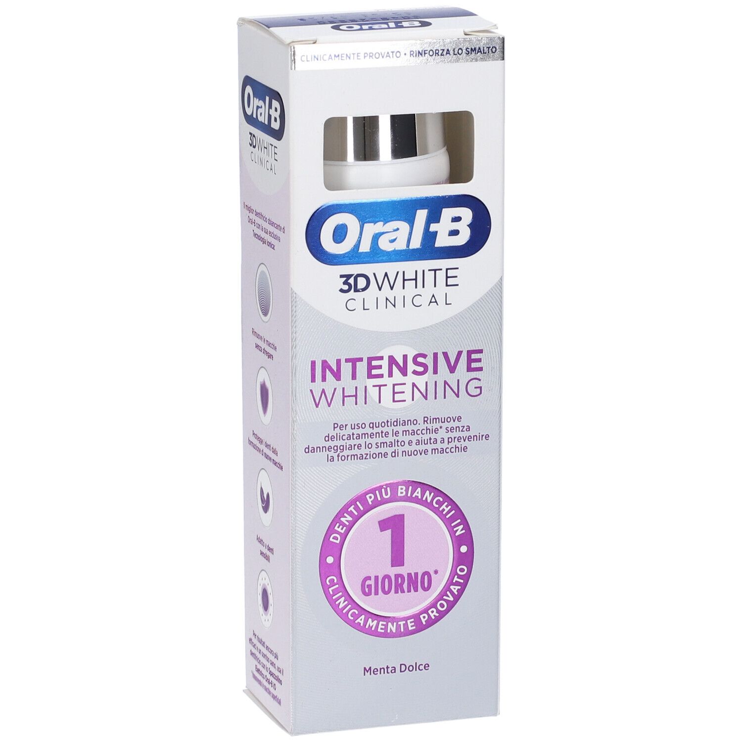 Confezione dentifricio Oral-B 3D White Clinical Intensive Whitening. Testo e logo. Menta Dolce.