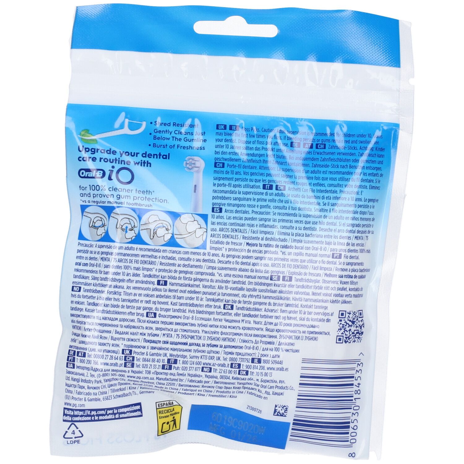 Retro della confezione di filo interdentale Oral-B Easy Clean. Testo multilingue, immagini e informazioni sul prodotto.