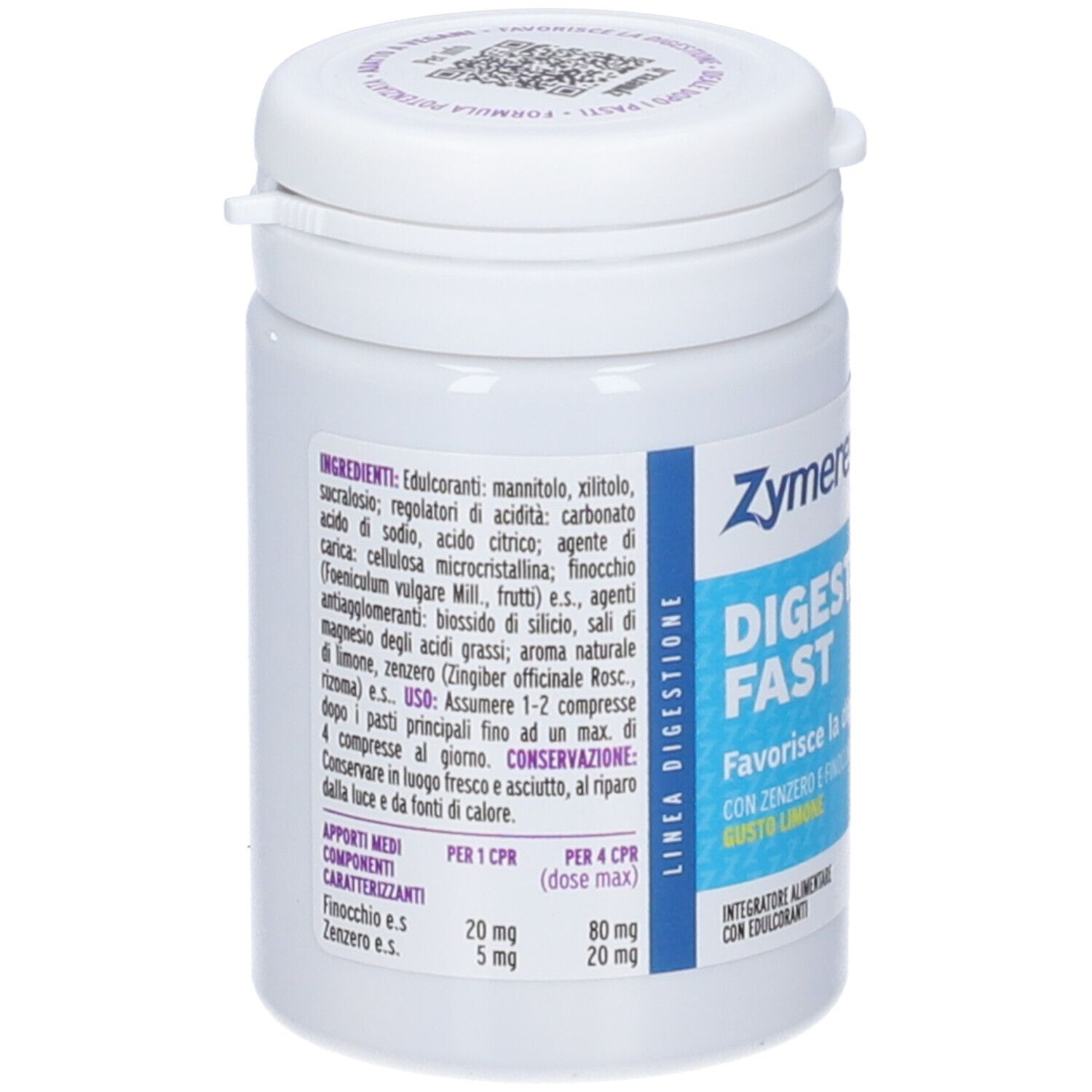 Retro del barattolo Zymerex Digestivo Fast: elenco ingredienti e informazioni nutrizionali in italiano.