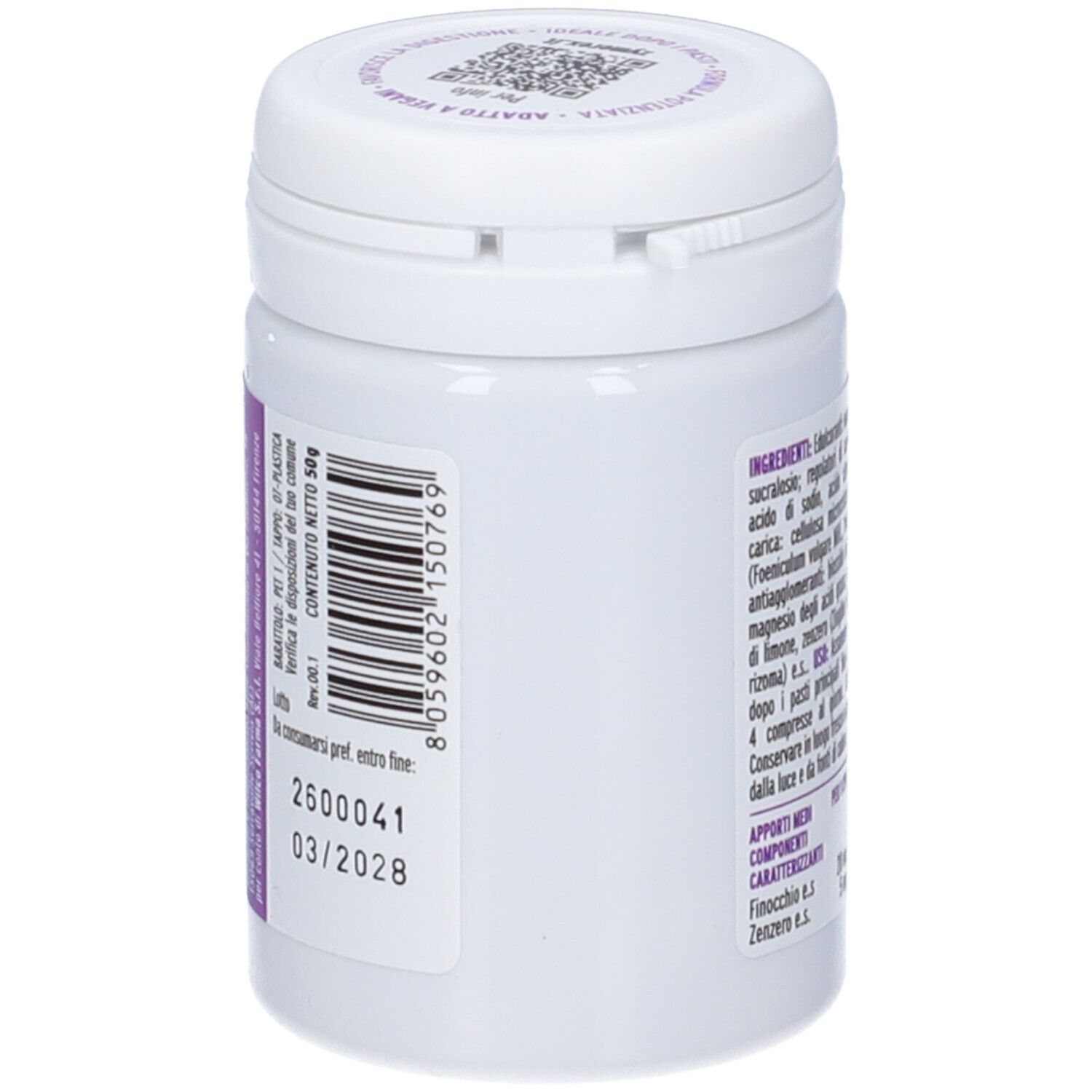 Lato del barattolo Zymerex Digestivo Fast: codice a barre, data di scadenza e numero di lotto in italiano.