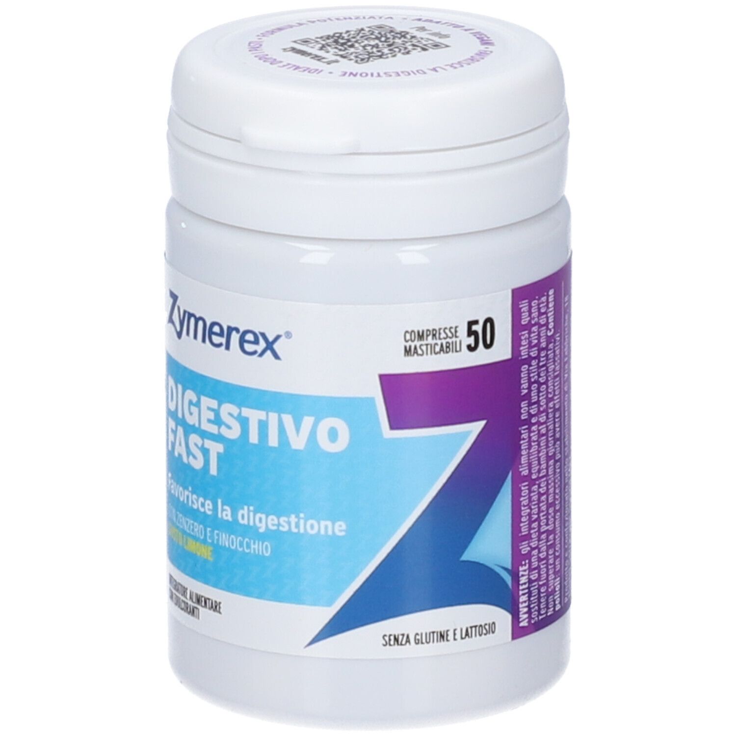 Zymerex Digestivo Fast: barattolo con etichetta che indica "Digestivo Fast" e "Gusto Limone".