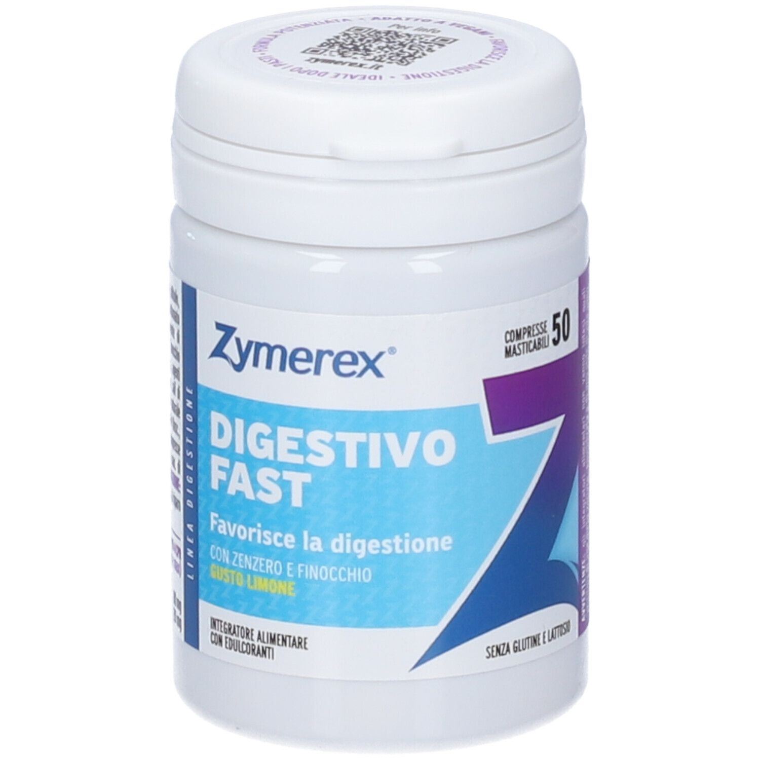 Zymerex Digestivo Fast: barattolo bianco con etichette blu e viola, 50 compresse masticabili, gusto limone.