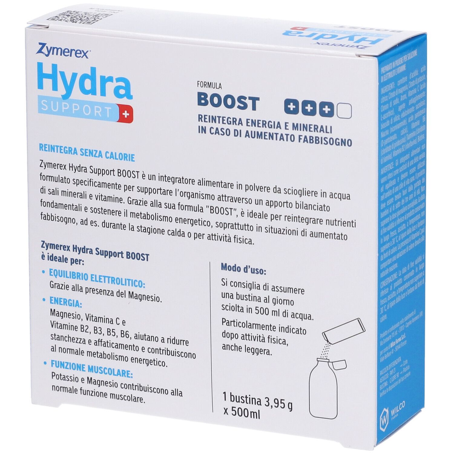 Zymerex Hydrasupport+ Boost Bustine: Fronte con informazioni dettagliate, 14 bustine.