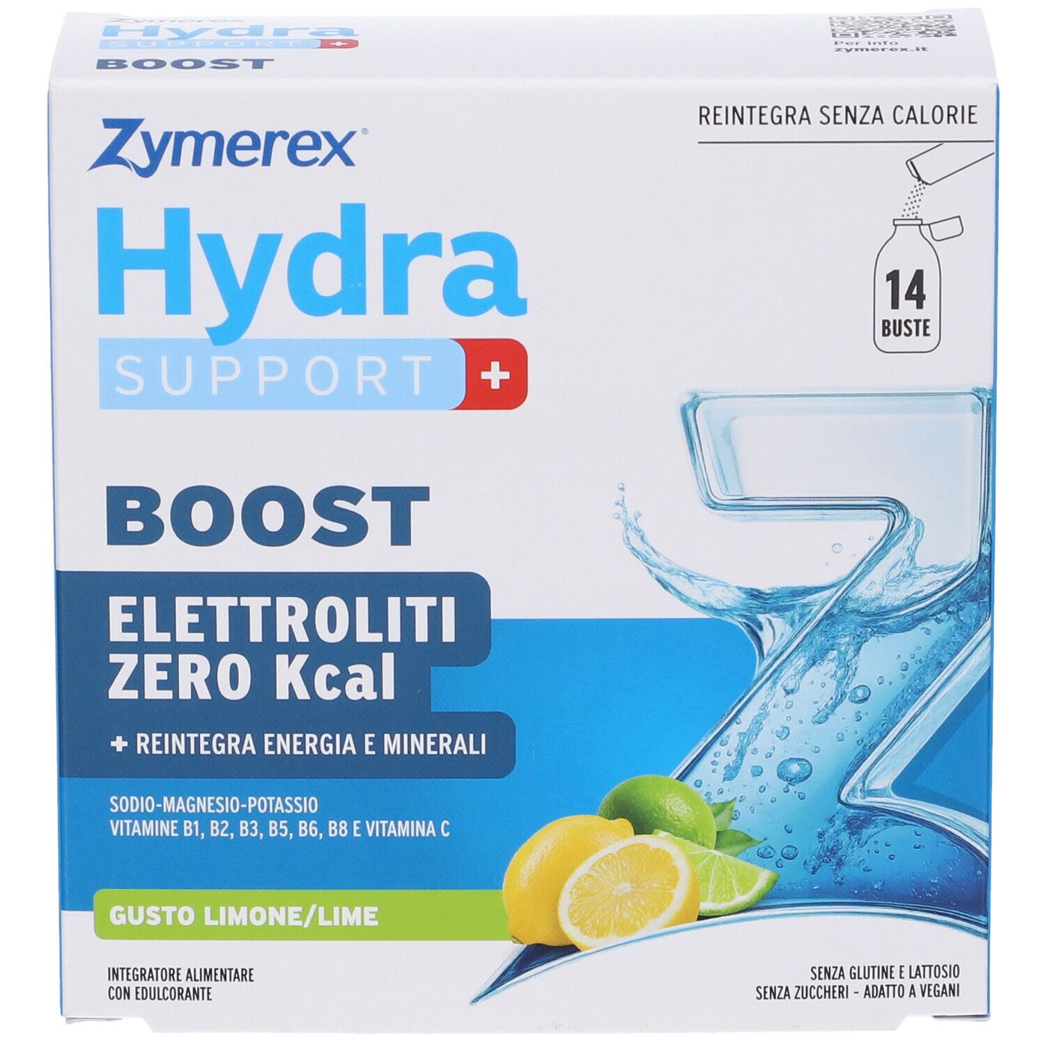 Zymerex Hydrasupport+ Boost Bustine: Elettroliti Zero Kcal, 14 bustine, gusto Limone/Lime.