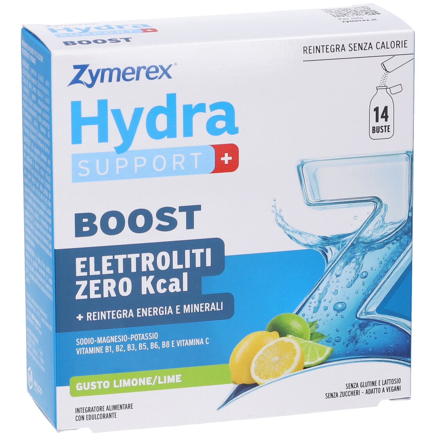 Zymerex Hydrasupport+ Boost Bustine: Elettroliti Zero Kcal, 14 bustine, gusto Limone/Lime.