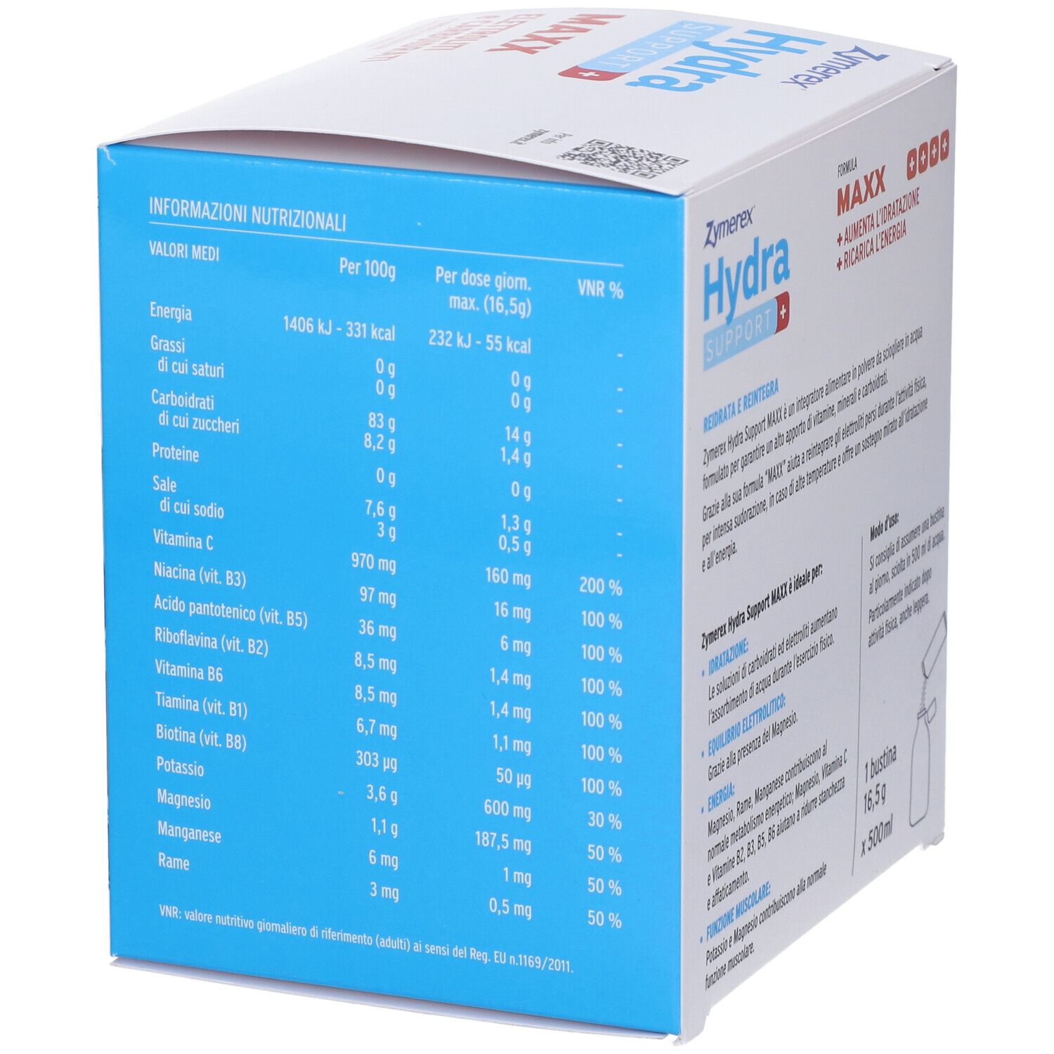 ZYMEREX HYDRASUPP MAXX confezione, lato con informazioni nutrizionali e vitamine.