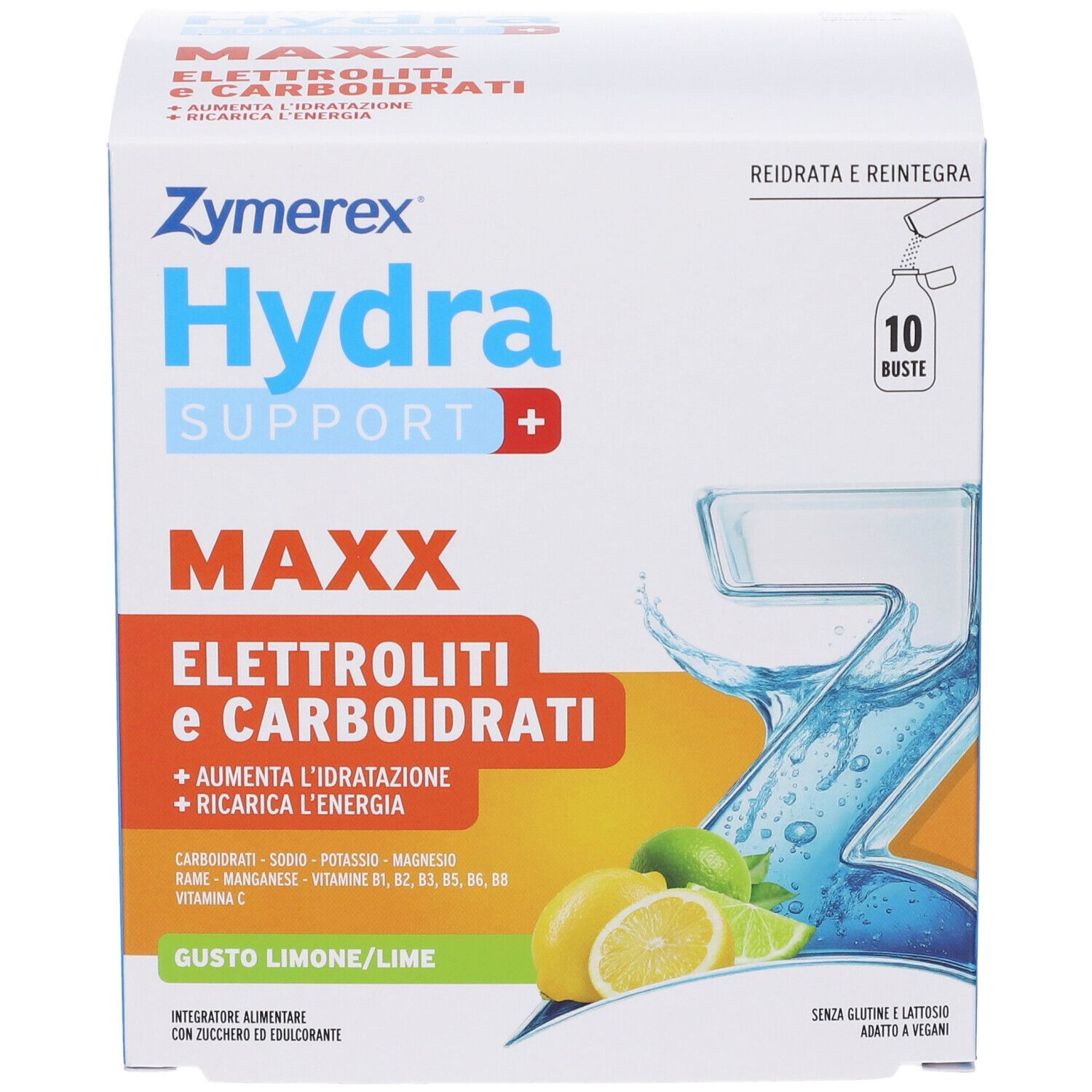 ZYMEREX HYDRASUPP MAXX 10 bustine, elettroliti e carboidrati, gusto limone/lime.