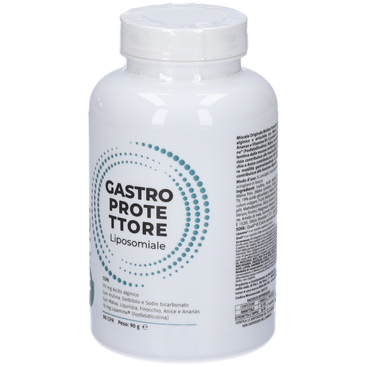 Flacone bianco con tappo a vite. Scritta: GASTROPROTETTORE Liposomiale. Testo con ingredienti.