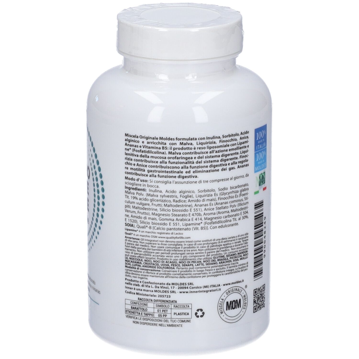 Retro del flacone bianco. Testo con ingredienti e informazioni del produttore. Marchi di qualità.