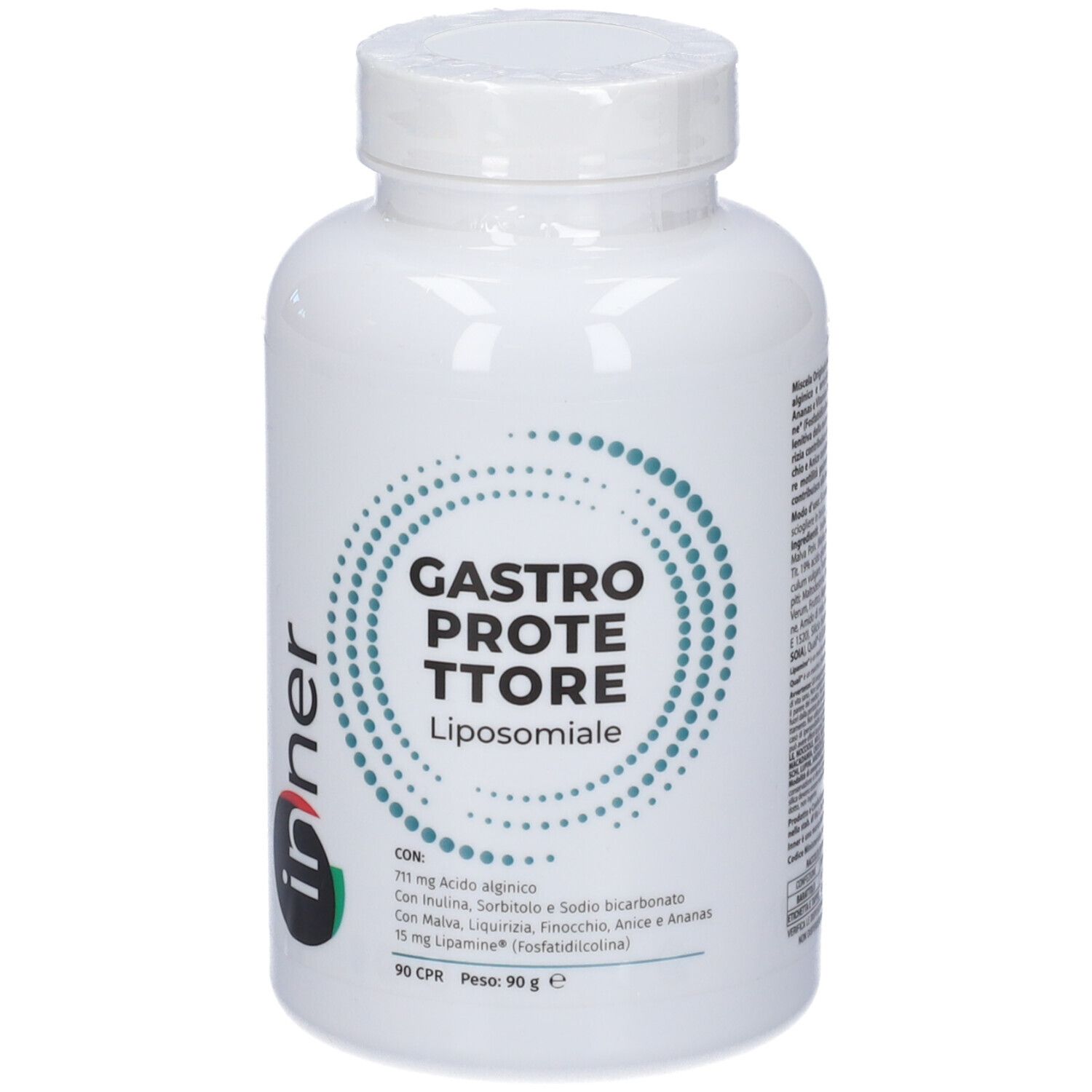 Flacone bianco con tappo a vite. Scritta: GASTROPROTETTORE Liposomiale. Marchio 'inner' e ingredienti.