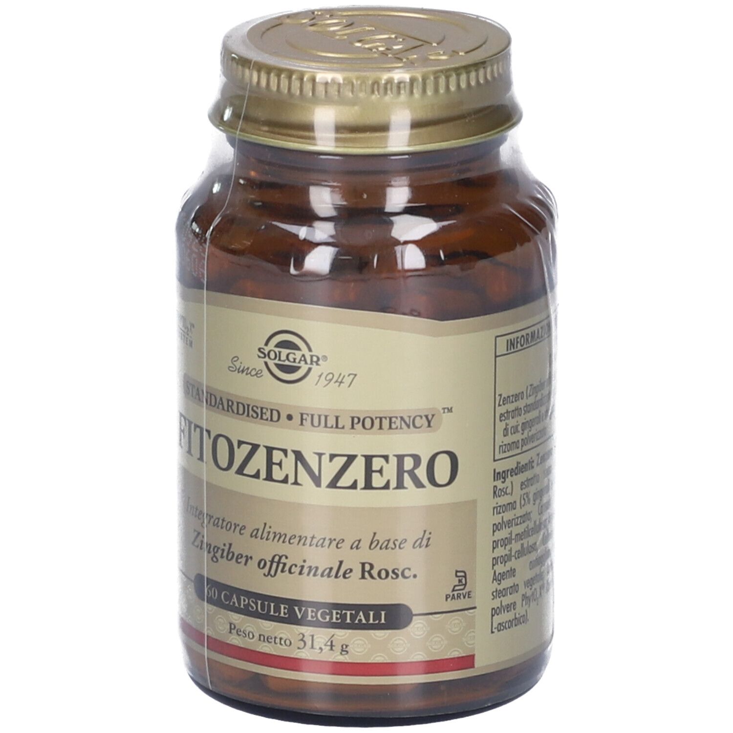 Flacone in vetro marrone, tappo dorato. Etichetta SOLGAR, FITOZENZERO, 60 capsule. Contenuto 31,4g.