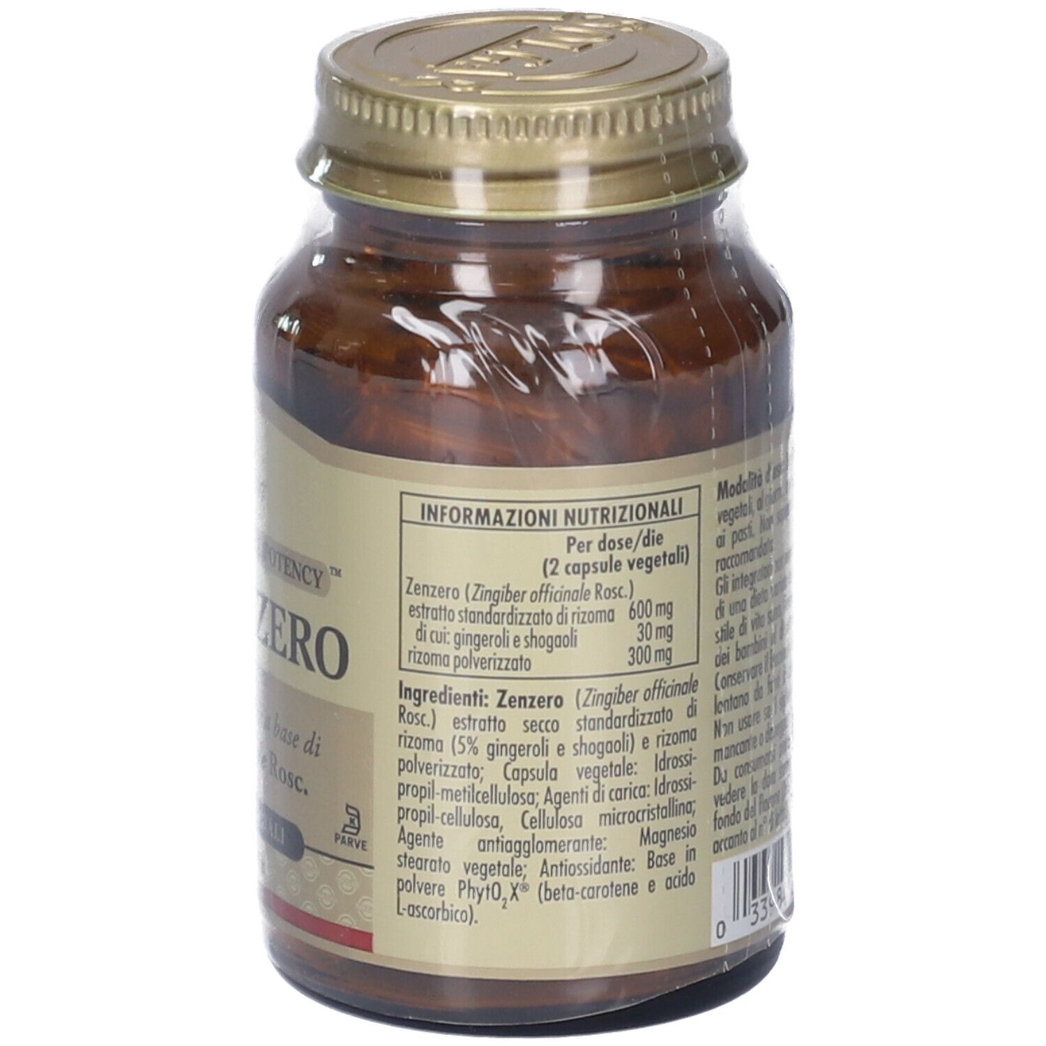 Retro del flacone. Etichetta con informazioni nutrizionali e ingredienti.
