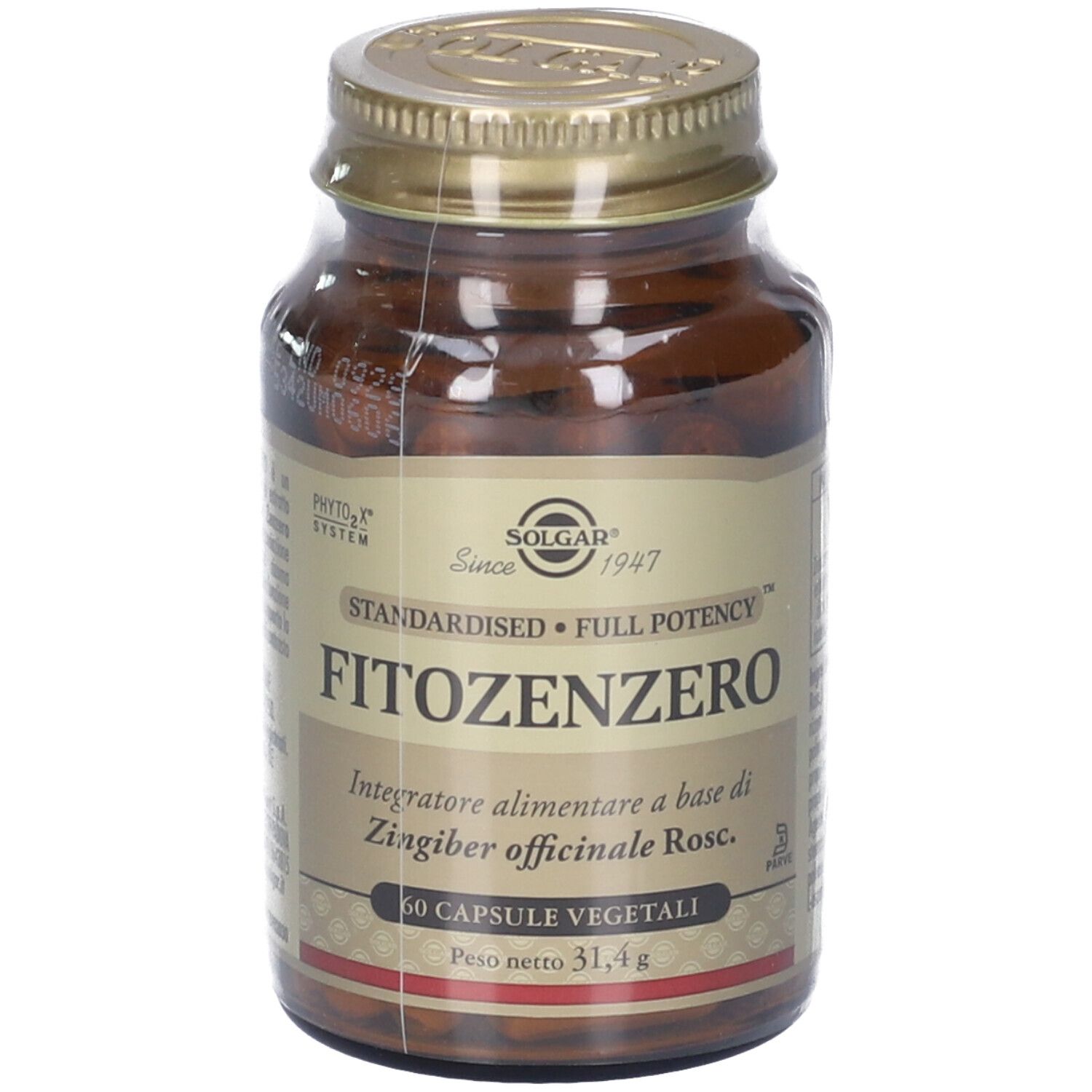 Flacone in vetro marrone, tappo dorato. Etichetta SOLGAR, FITOZENZERO, 60 capsule. Contenuto 31,4g.