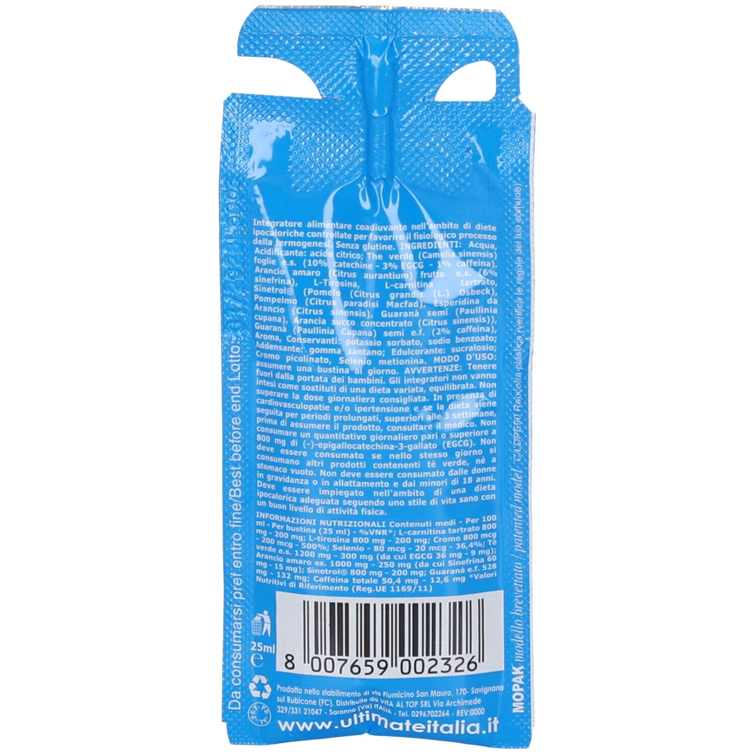 Retro della busta. Colore blu. Testo in italiano. Codice a barre e indirizzo del sito web.