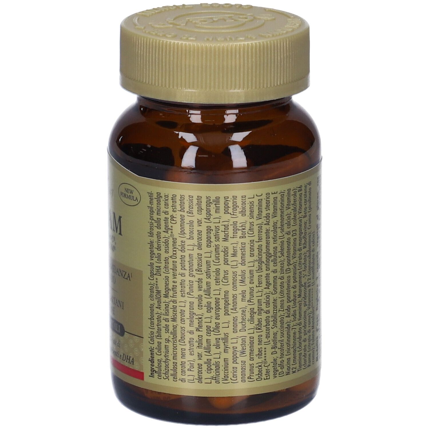 Flacone di vetro marrone con tappo dorato. Etichetta con ingredienti e informazioni sul prodotto.