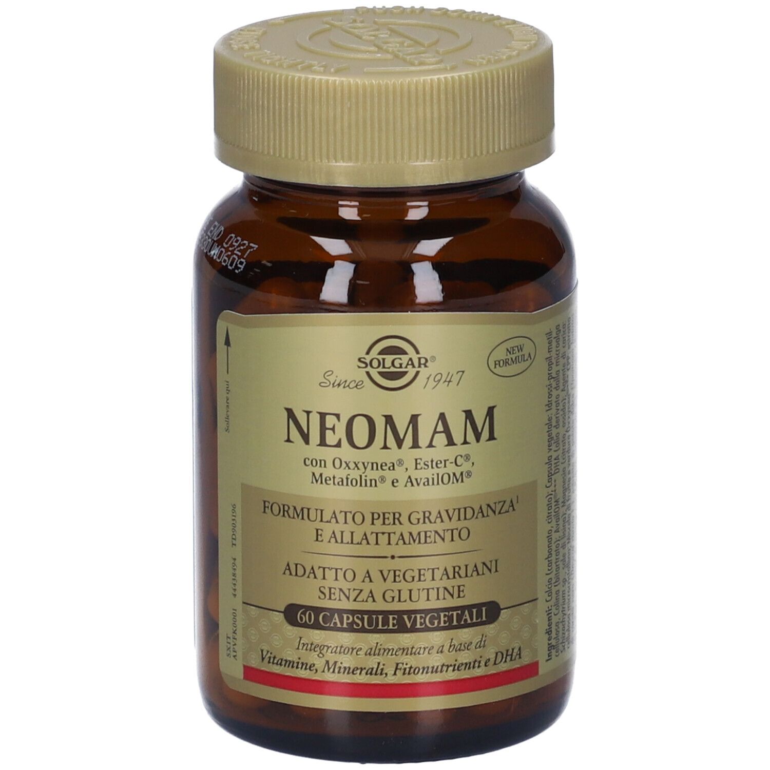 Flacone di vetro marrone con tappo dorato. Etichetta con nome NEOMAM, ingredienti e 60 capsule. Adatto ai vegetariani.