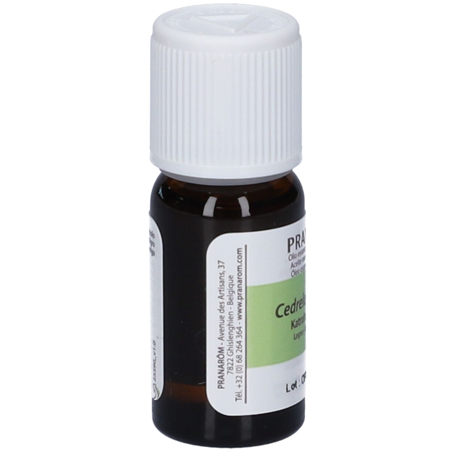 Flacone in vetro marrone scuro con tappo a vite bianco. Etichetta con area verde e testo.