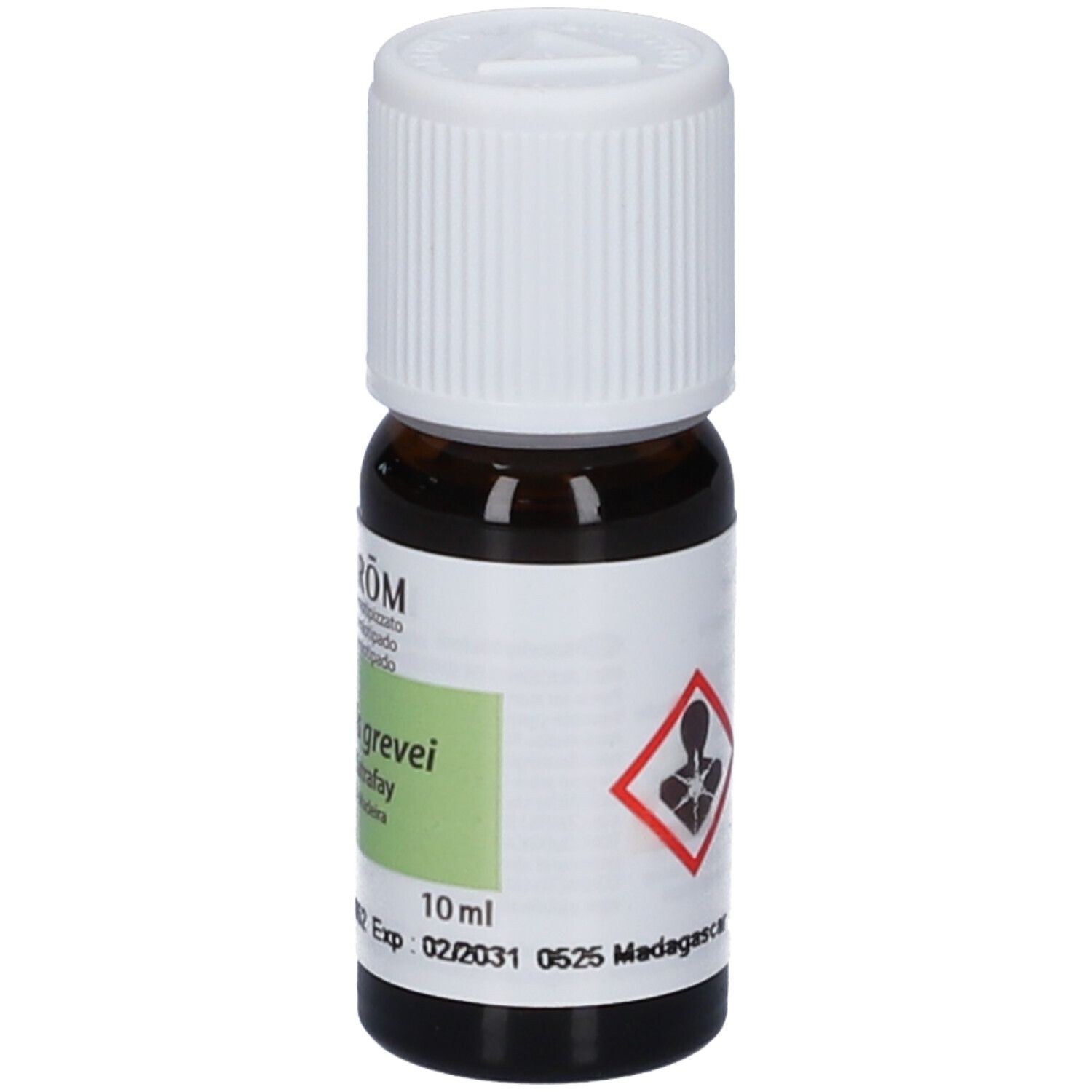 Flacone in vetro marrone con tappo a vite bianco, 10 ml. Etichetta con simbolo di pericolo.