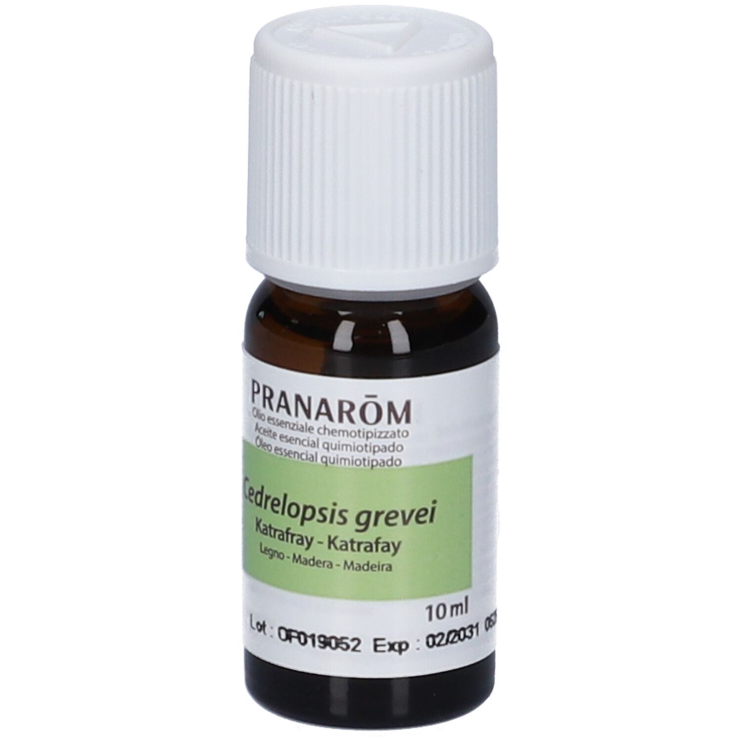 Flacone in vetro marrone con tappo a vite bianco, 10ml. Contiene olio essenziale di Cedrelopsis grevei.