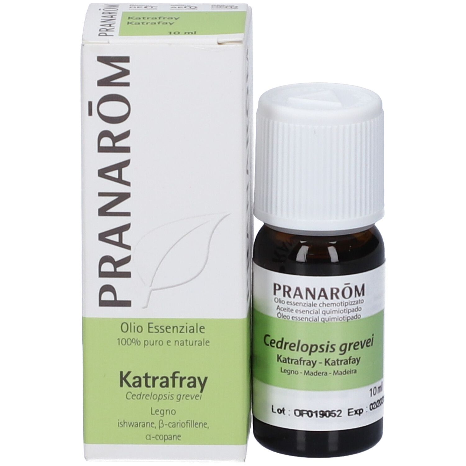 Olio essenziale Pranarôm Katrafay in flacone di vetro marrone da 10ml con tappo bianco, accanto alla scatola.