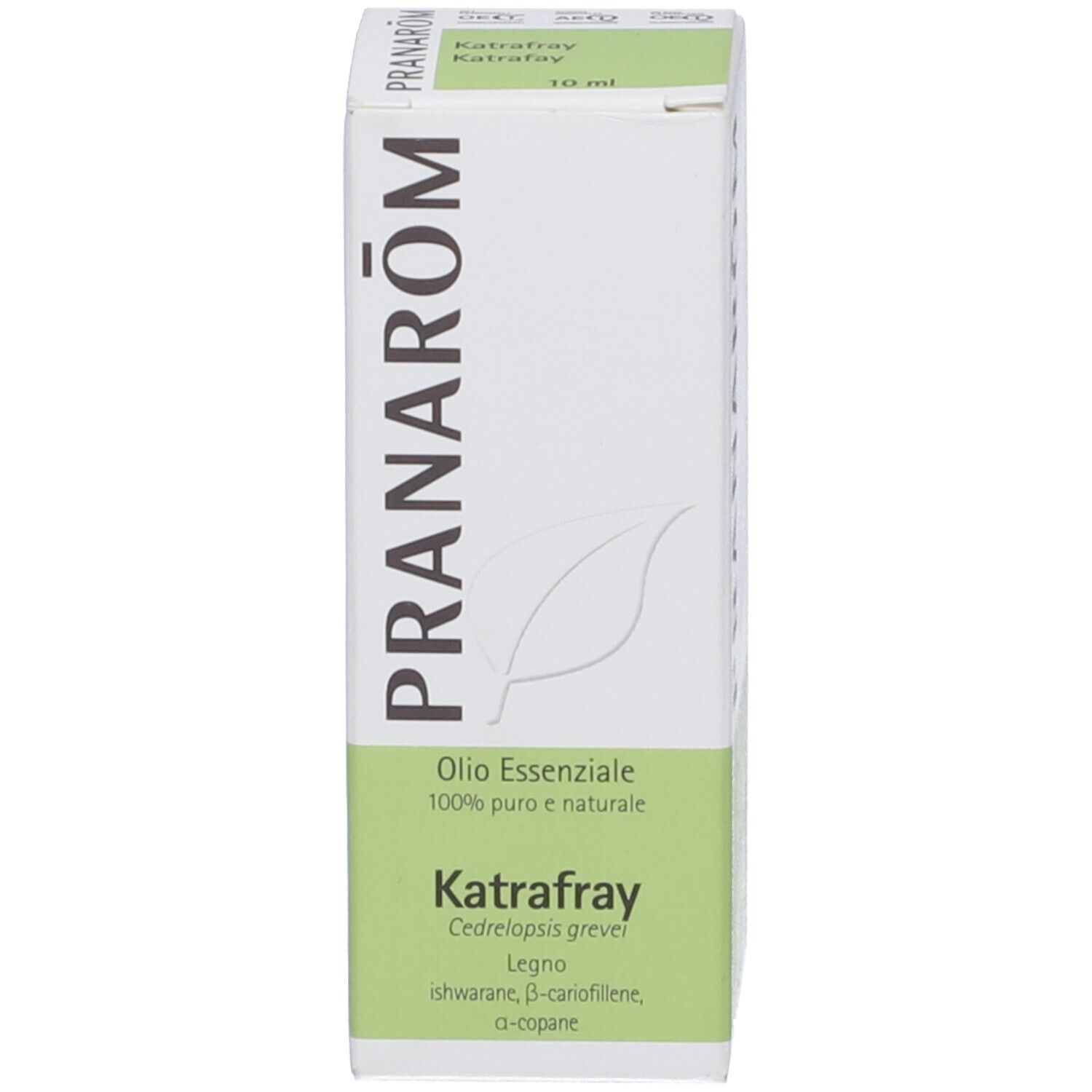 Olio essenziale Pranarôm Katrafray, 10ml. Scatola bianca con accenti verdi e logo foglia.