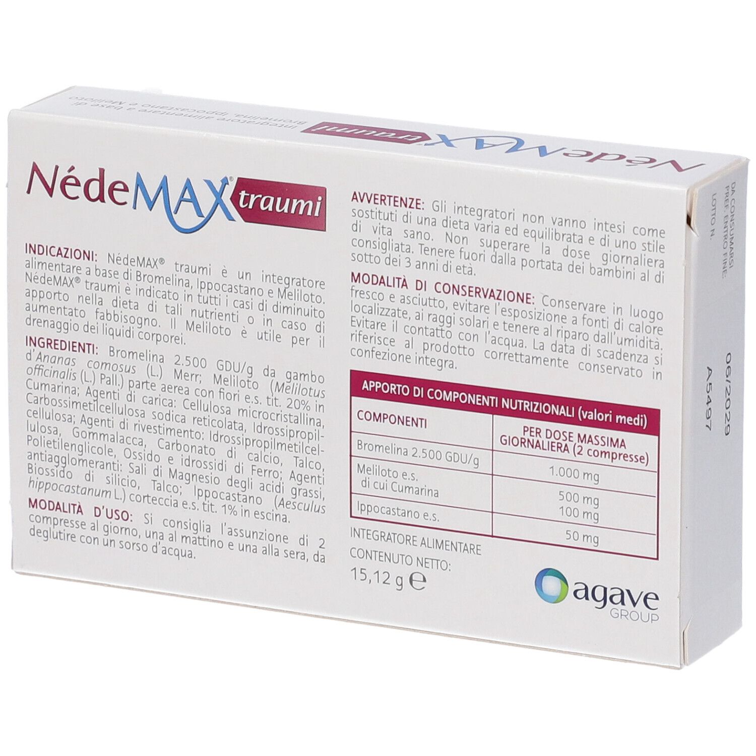 Scatola di integratore alimentare NedeMAX traumi con informazioni nutrizionali e ingredienti.