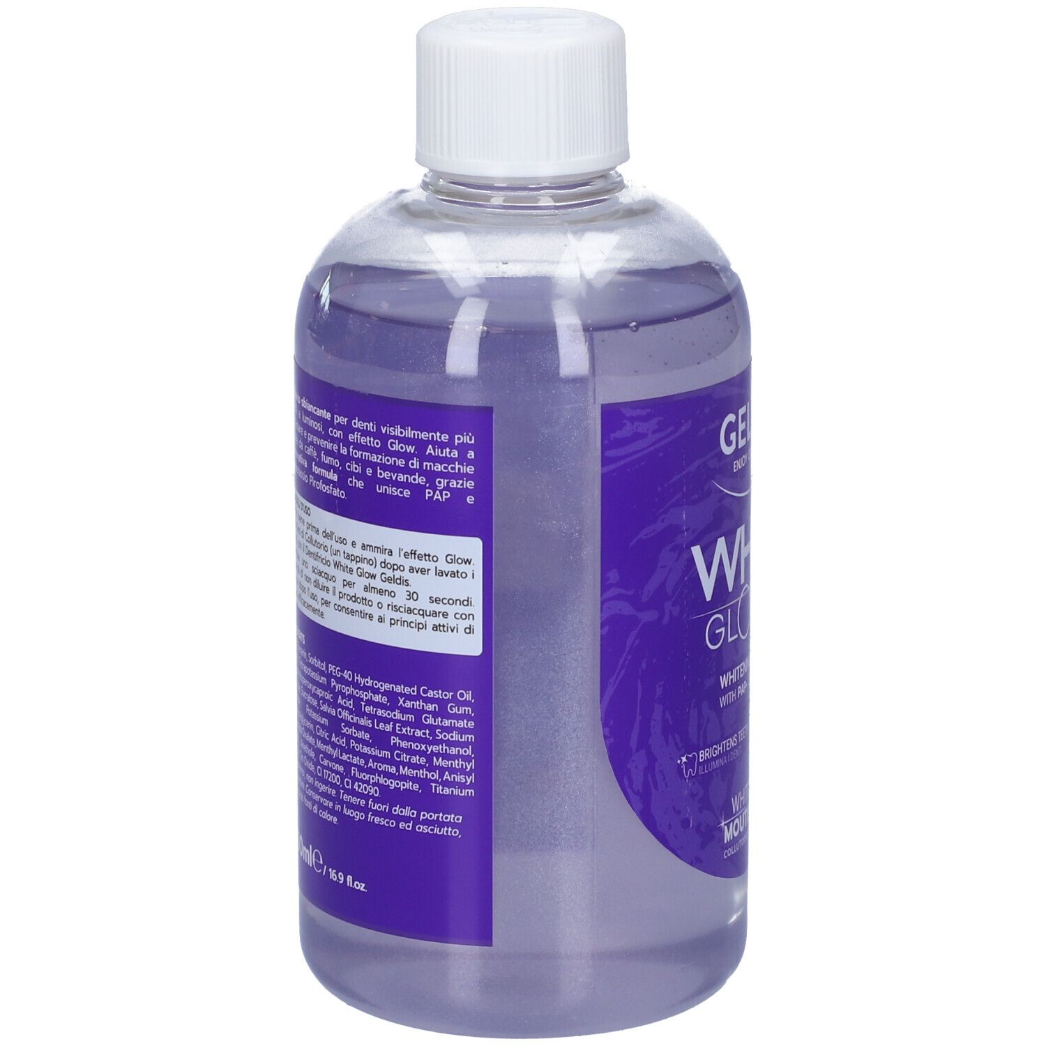 Retro della bottiglia di colluttorio Geldis White Glow. Etichetta viola con ingredienti e istruzioni.