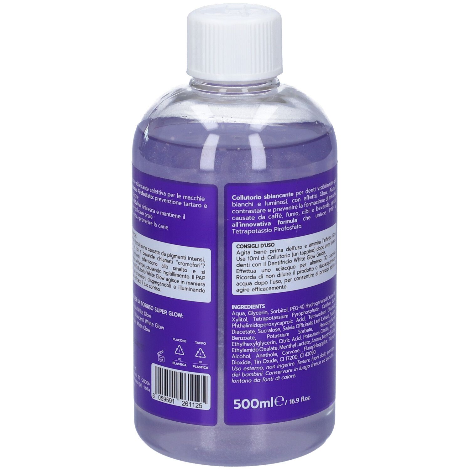 Retro della bottiglia di colluttorio Geldis White Glow. Etichetta viola con ingredienti e istruzioni, 500ml.