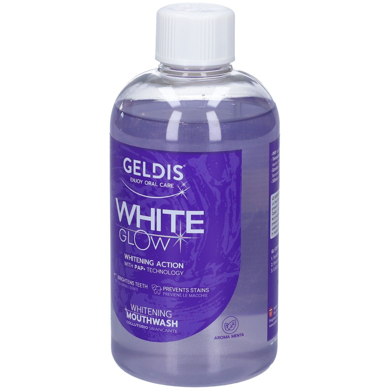 Colluttorio Geldis White Glow. Bottiglia con etichetta viola. Contiene il testo: White Glow, Whitening Mouthwash, Aroma Menta.