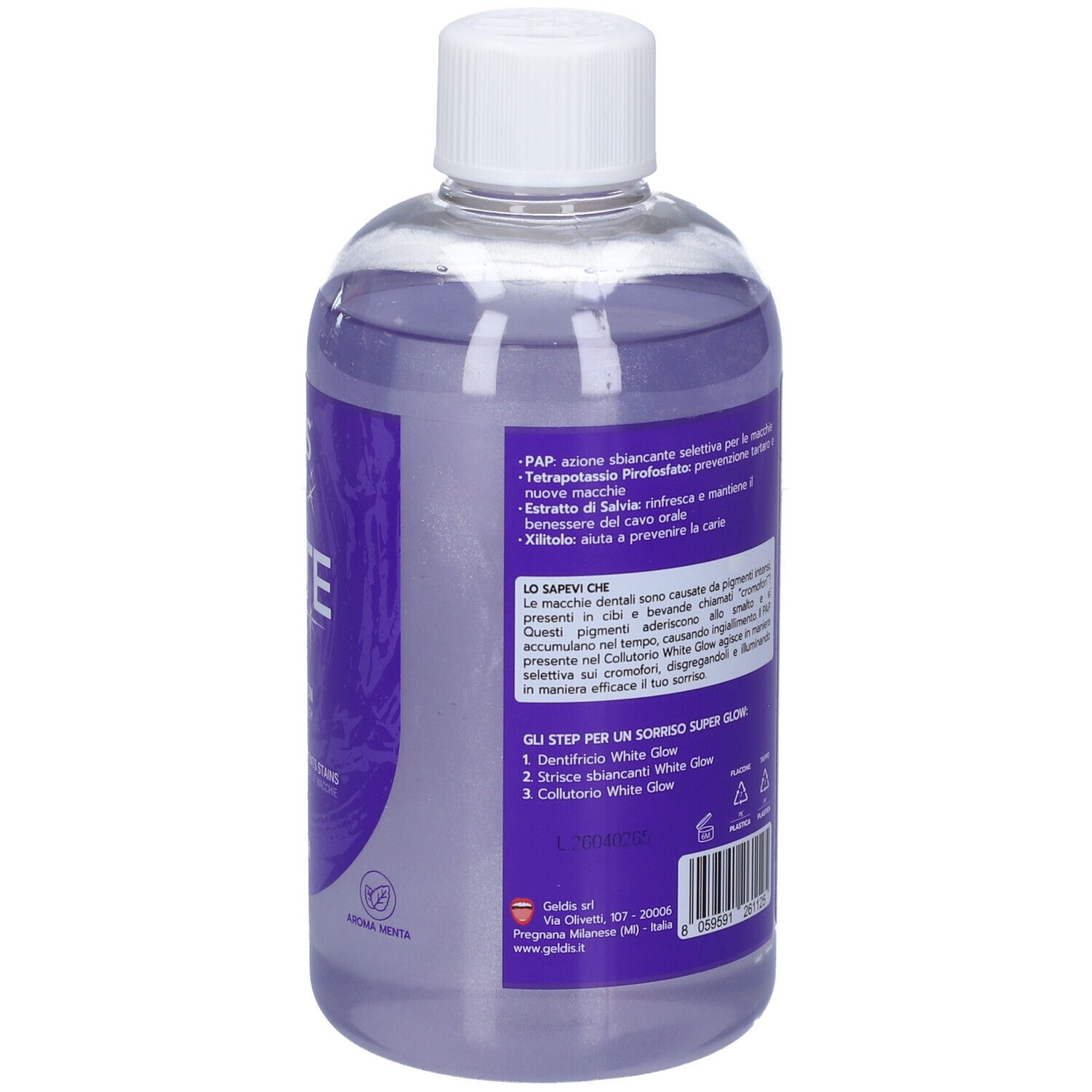 Retro della bottiglia di colluttorio Geldis White Glow. Etichetta viola con informazioni sull'uso e ingredienti.