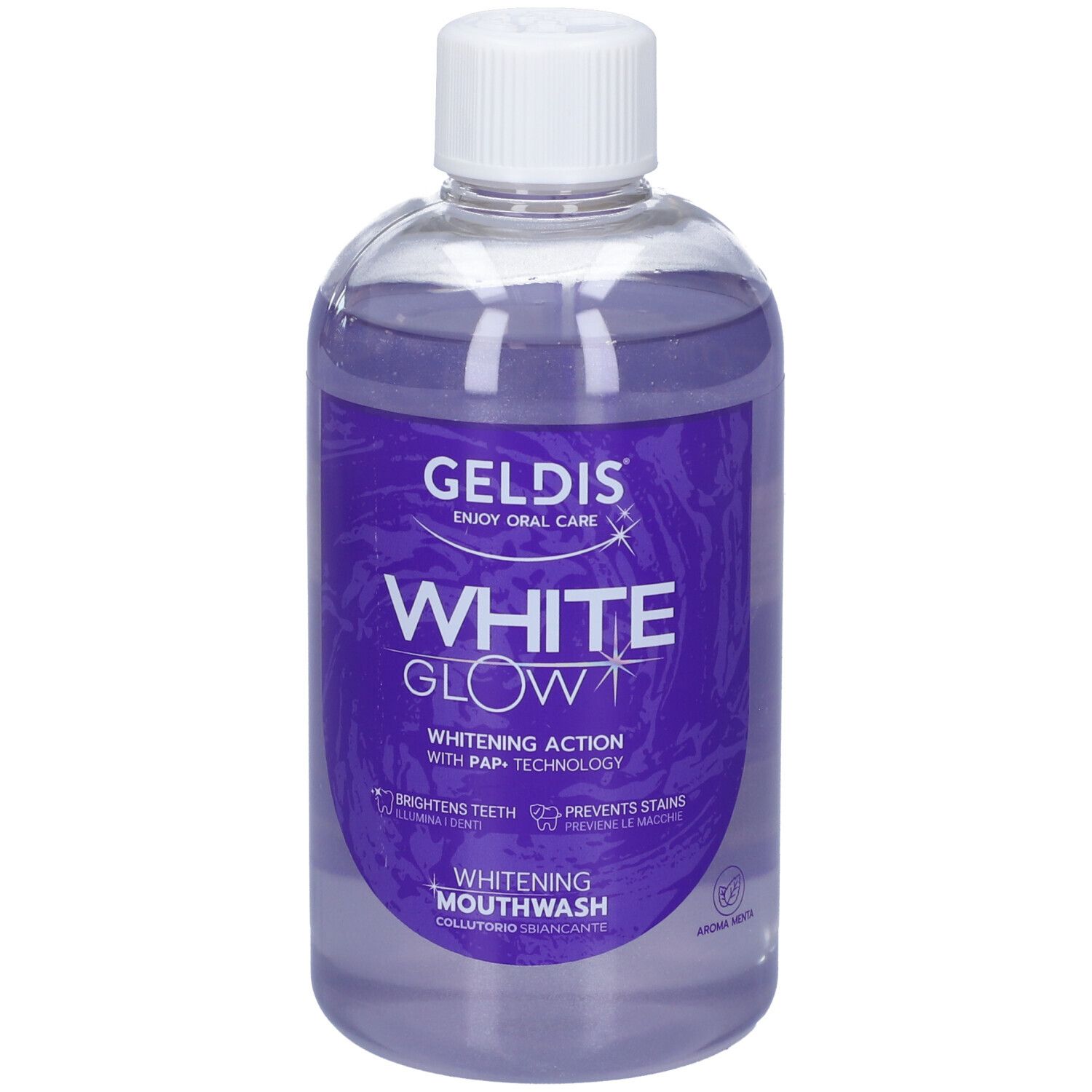 Colluttorio Geldis White Glow. Bottiglia con etichetta viola. Contiene il testo: White Glow, Whitening Mouthwash, Aroma Menta.