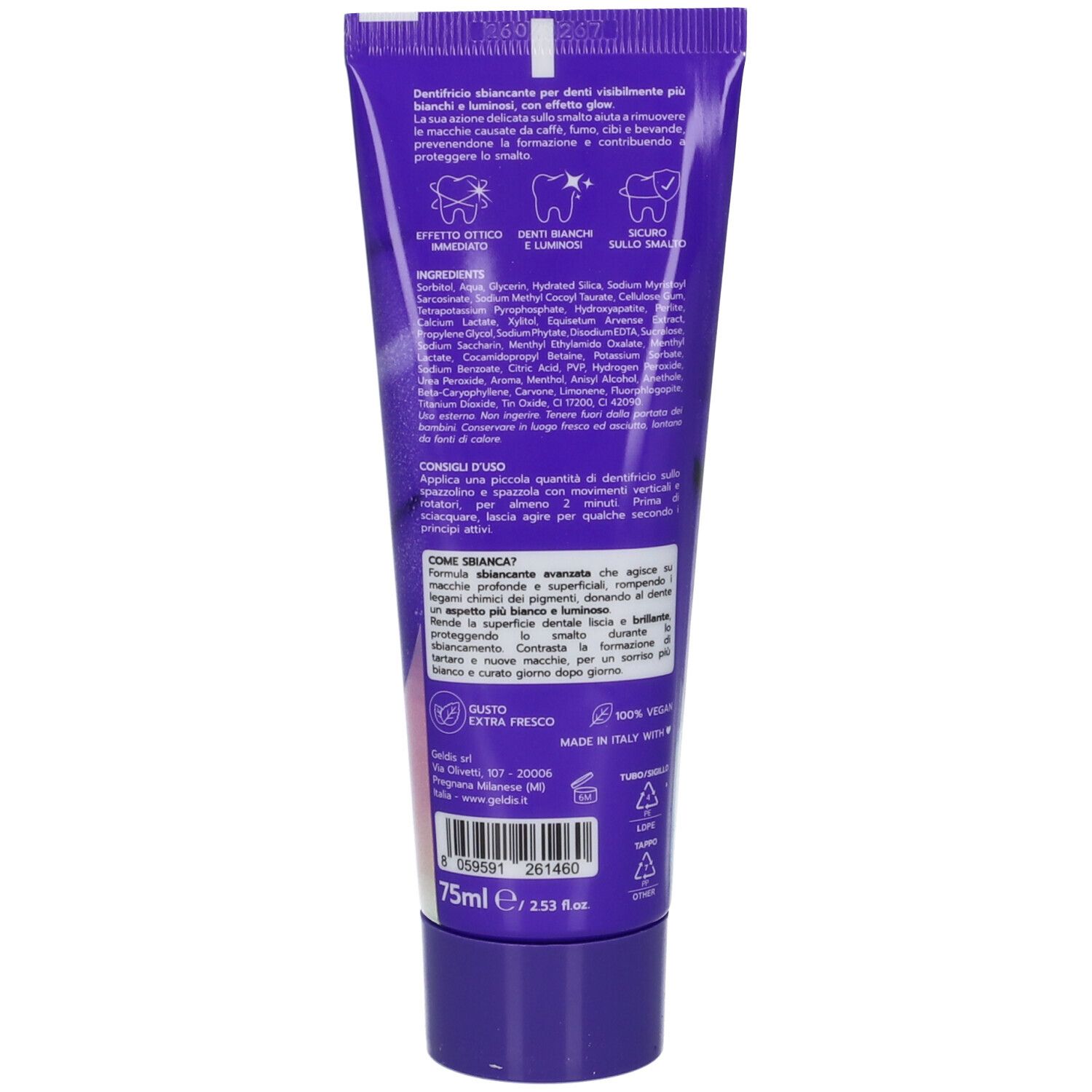 Retro del tubetto di dentifricio. Testo in italiano. Contiene ingredienti e istruzioni per l'uso.