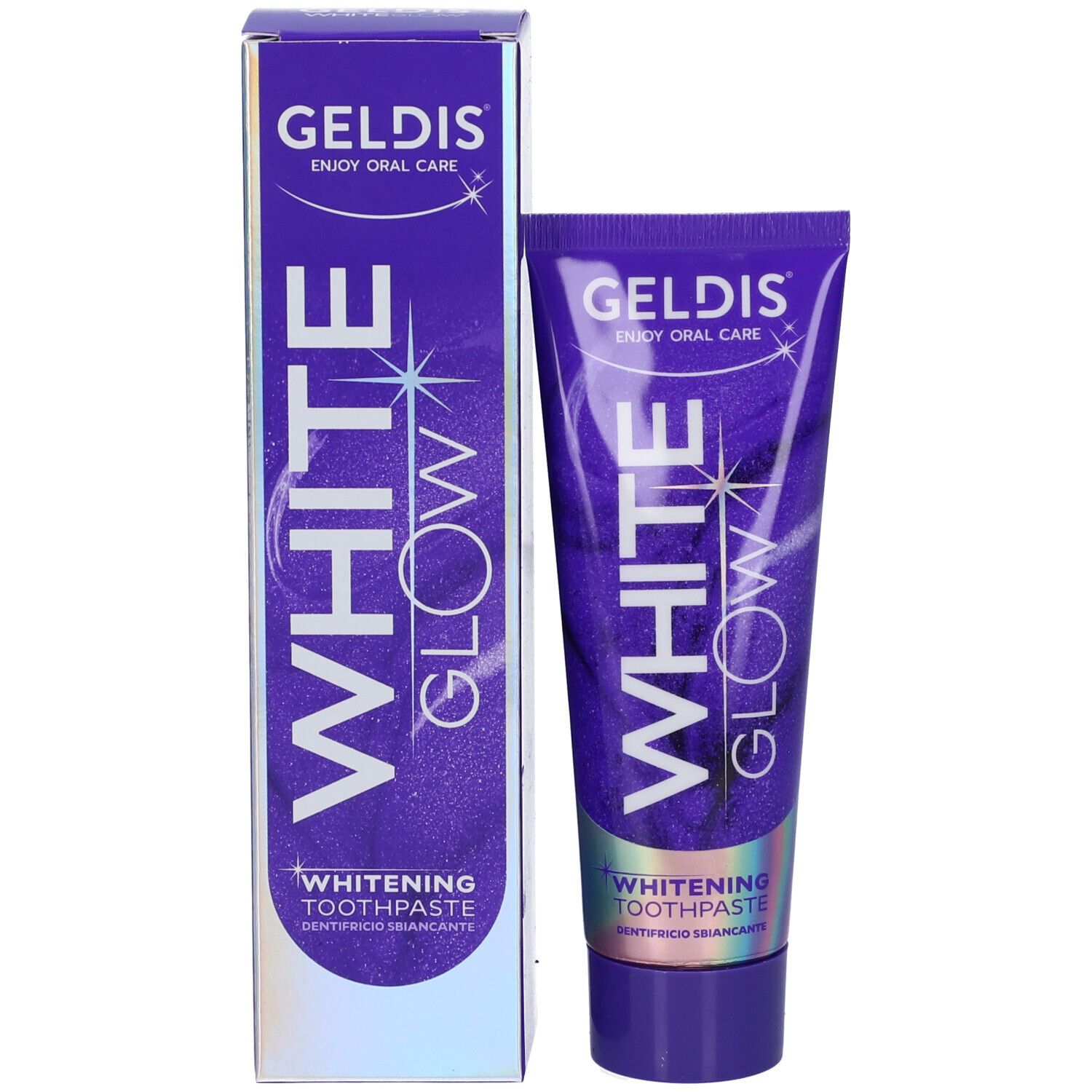 Tubetto e scatola di dentifricio. Scritta "WHITE GLOW". Marchio GELDIS. Viola e bianco.