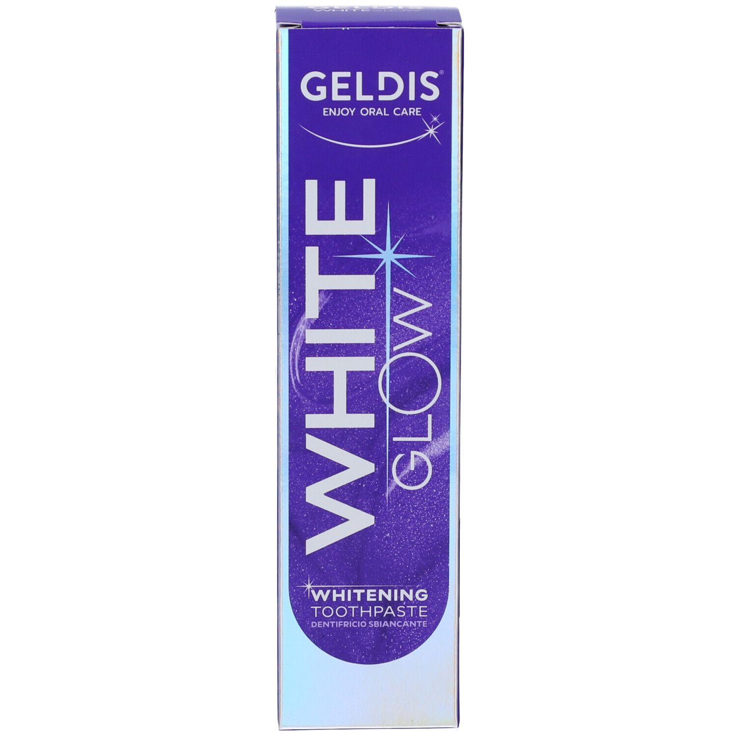 Scatola con scritta "WHITE GLOW". Marchio GELDIS. Viola e bianco.