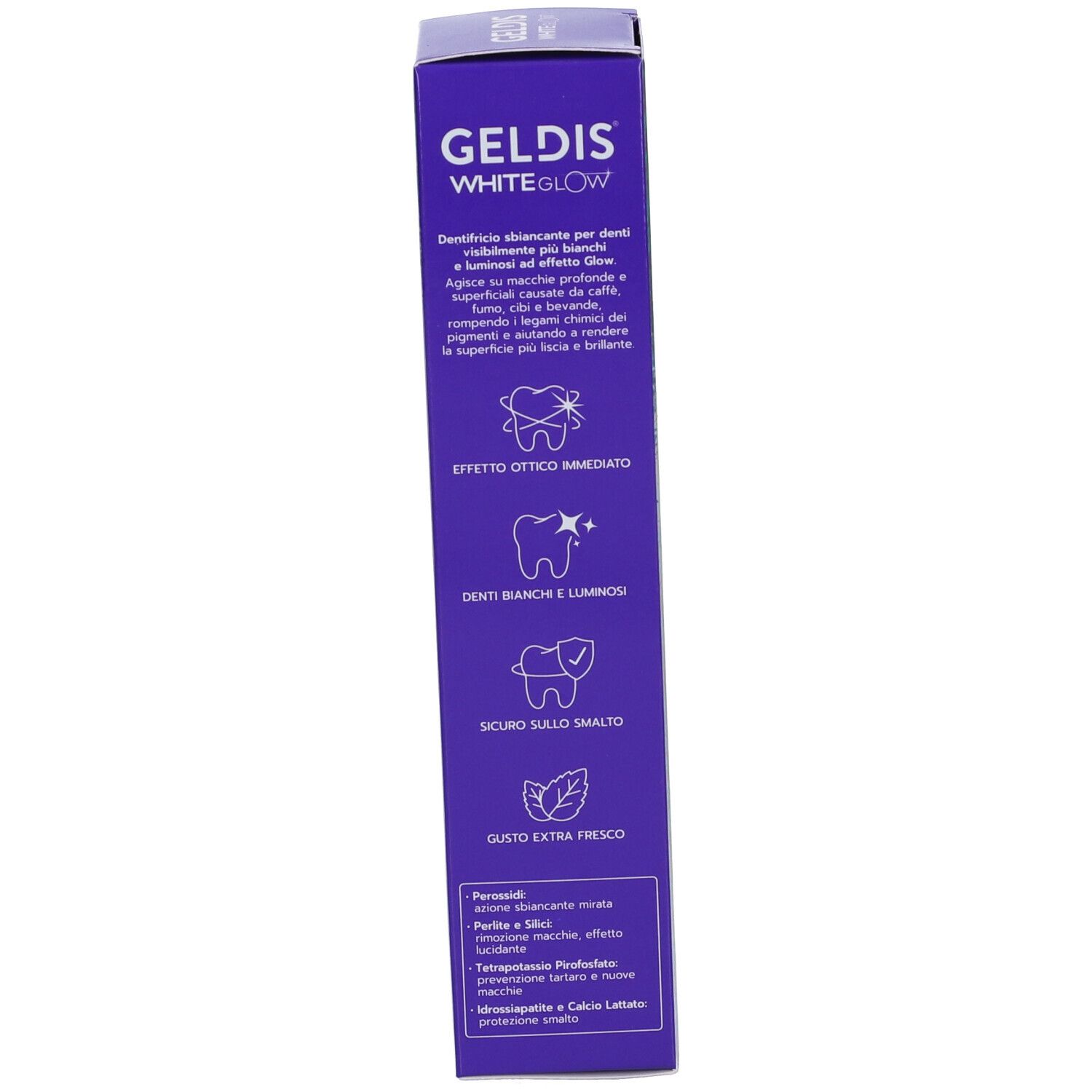 Scatola con testo e simboli. Marchio GELDIS. Viola e bianco. Contiene informazioni sul prodotto.