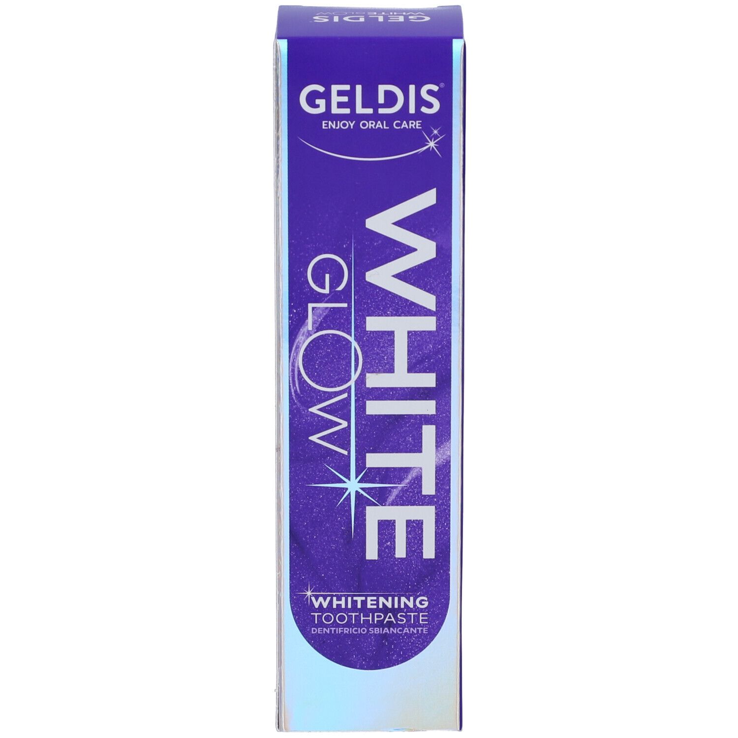 Scatola con scritta "WHITE GLOW". Marchio GELDIS. Viola e bianco.