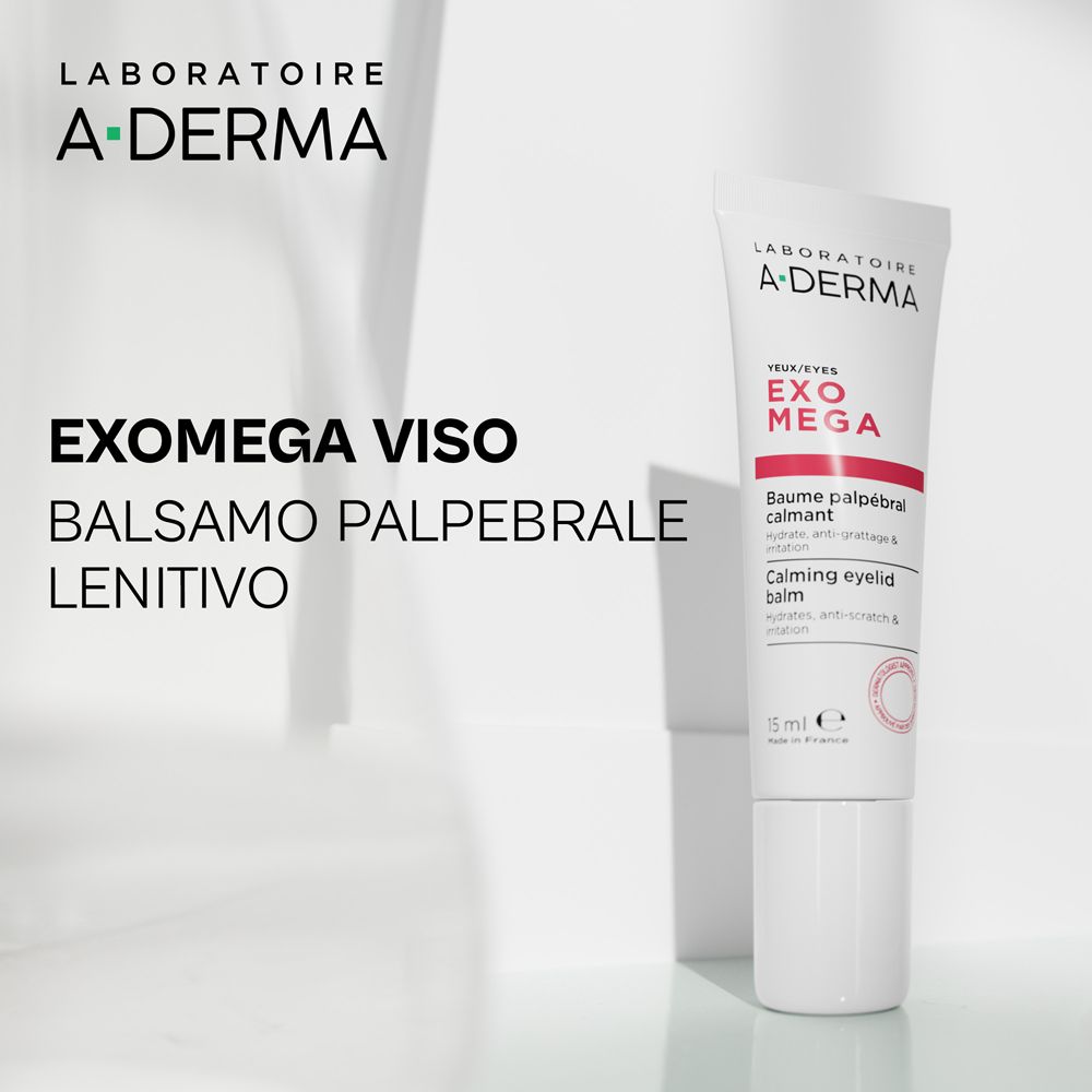 Tubo da 15 ml di balsamo lenitivo A-Derma Exomega per palpebre, con testo.