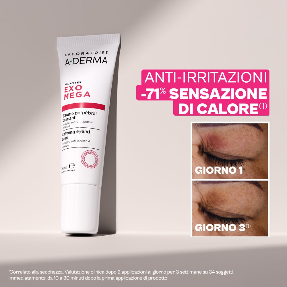 Tubo da 15 ml di balsamo lenitivo A-Derma Exomega, con risultati.