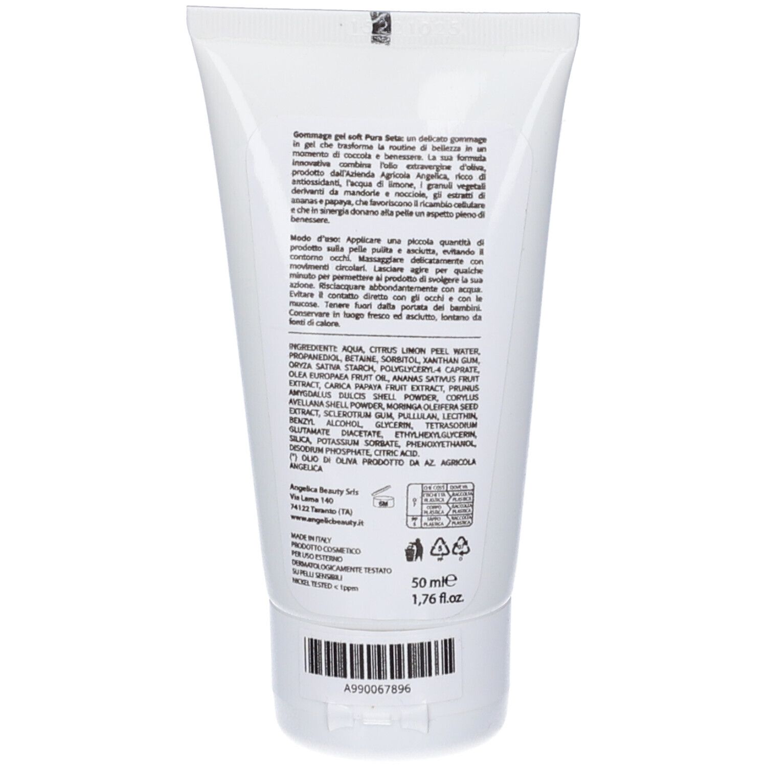 Tubo da 50ml di gel esfoliante, con descrizione dettagliata del prodotto e lista degli ingredienti.