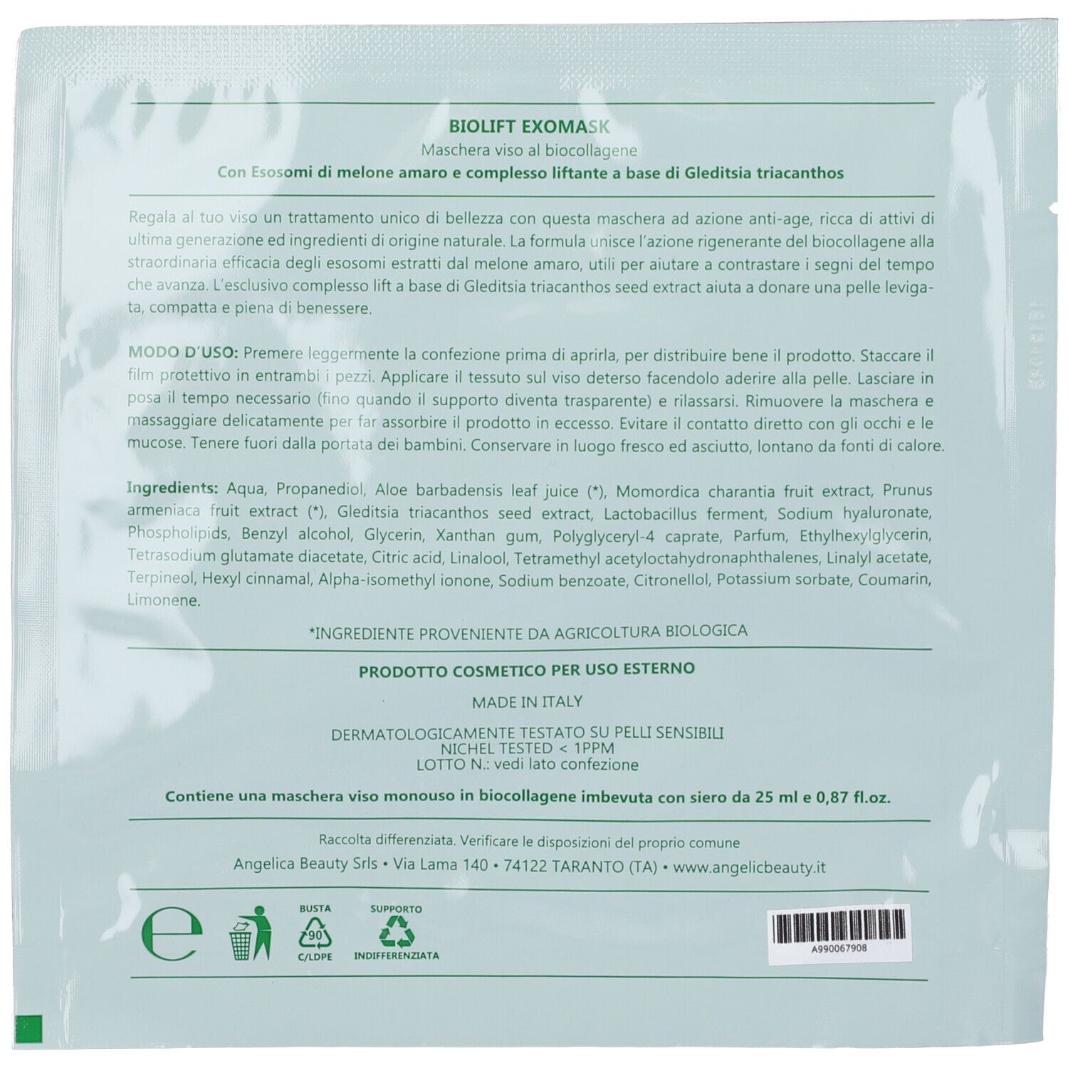 Retro di una confezione di maschera per il viso. Contiene informazioni dettagliate sul prodotto, ingredienti e istruzioni.