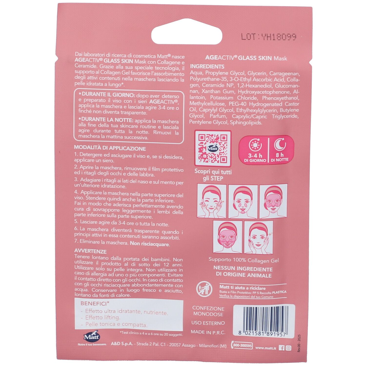 Retro della confezione Matt Ageactive Collagen Boost Glass Skin Mask con istruzioni per l'uso e ingredienti.