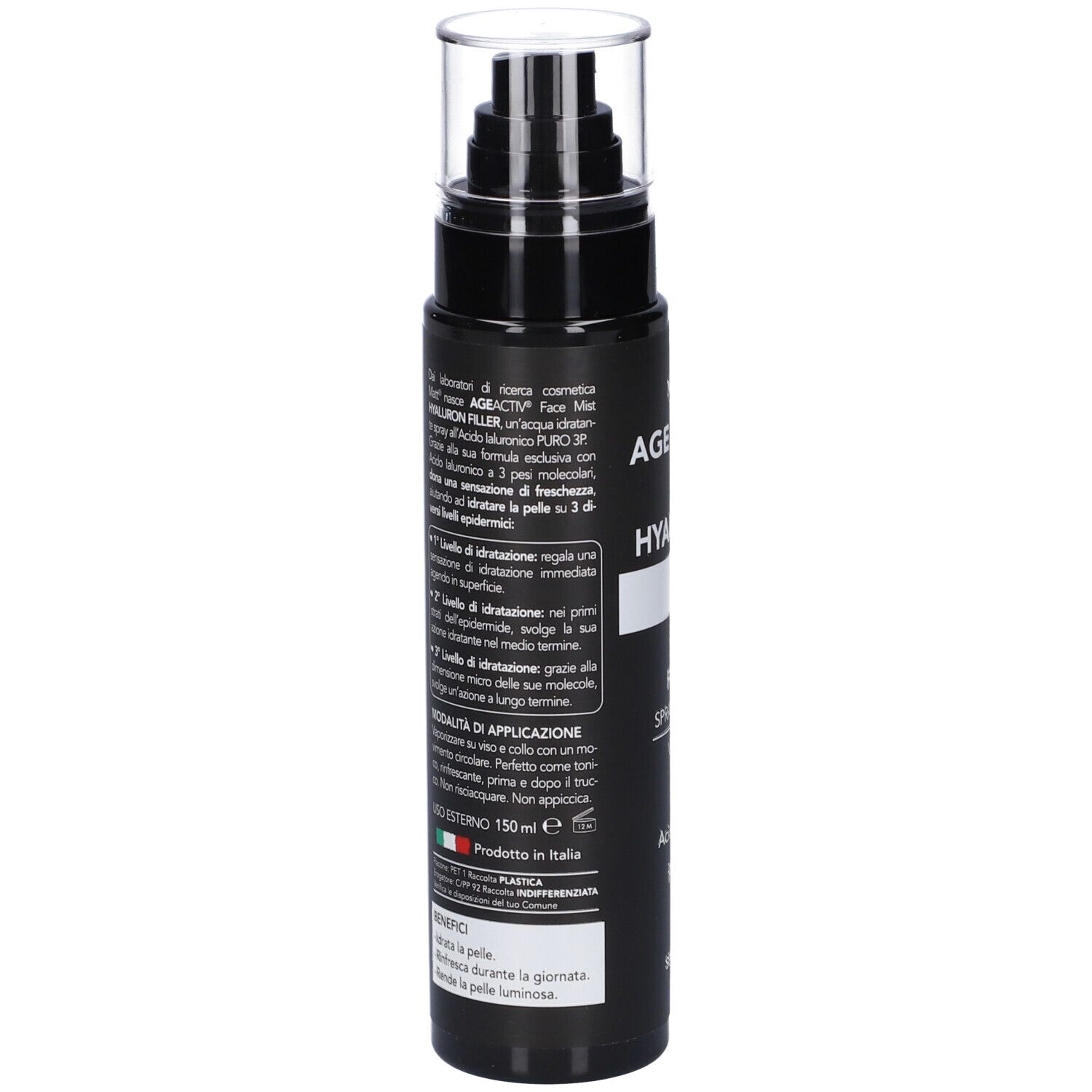 Matt Ageactiv Hyaluron Filler Face Mist Spray, retro con istruzioni d'uso e ingredienti.