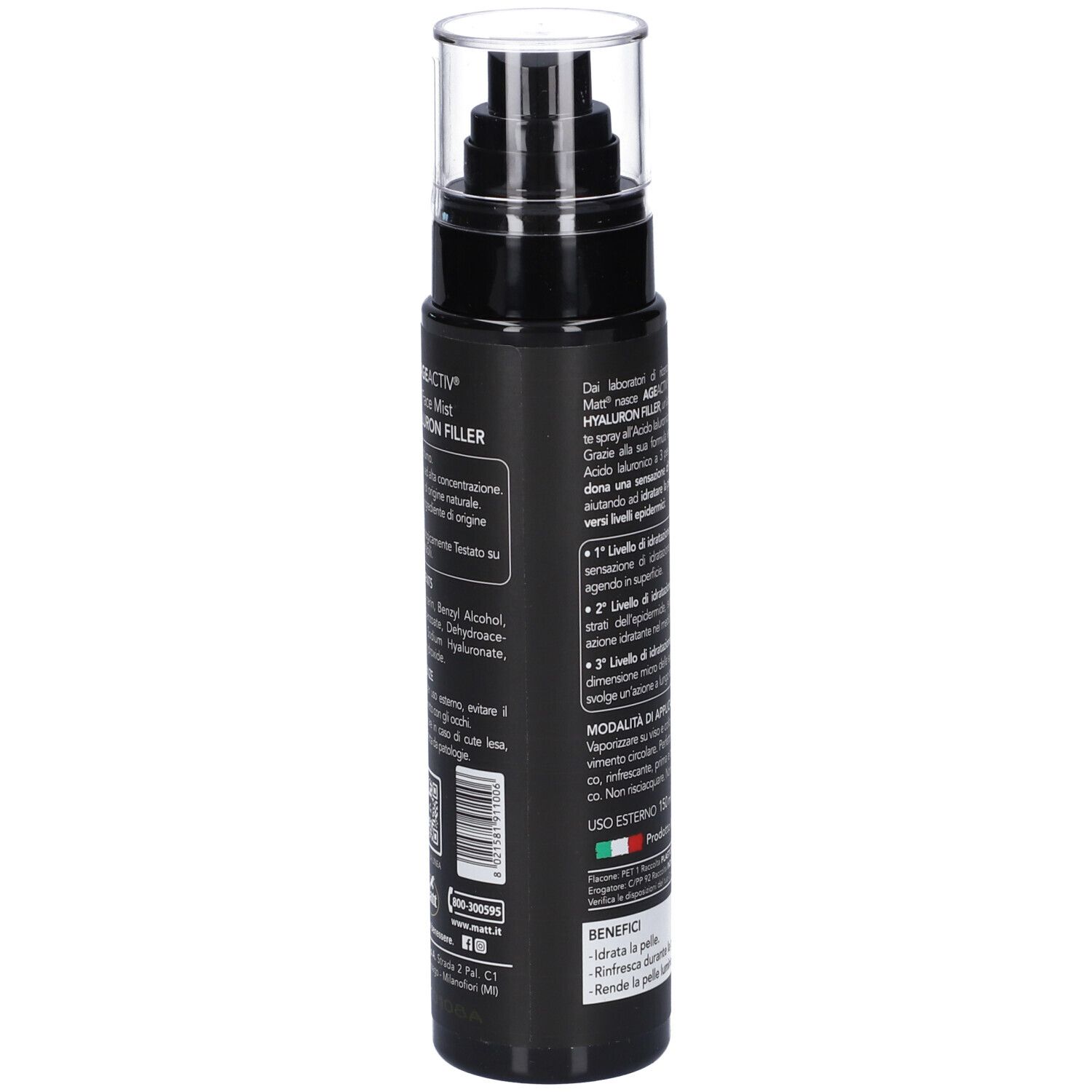 Matt Ageactiv Hyaluron Filler Face Mist Spray, vista laterale con informazioni sul prodotto.