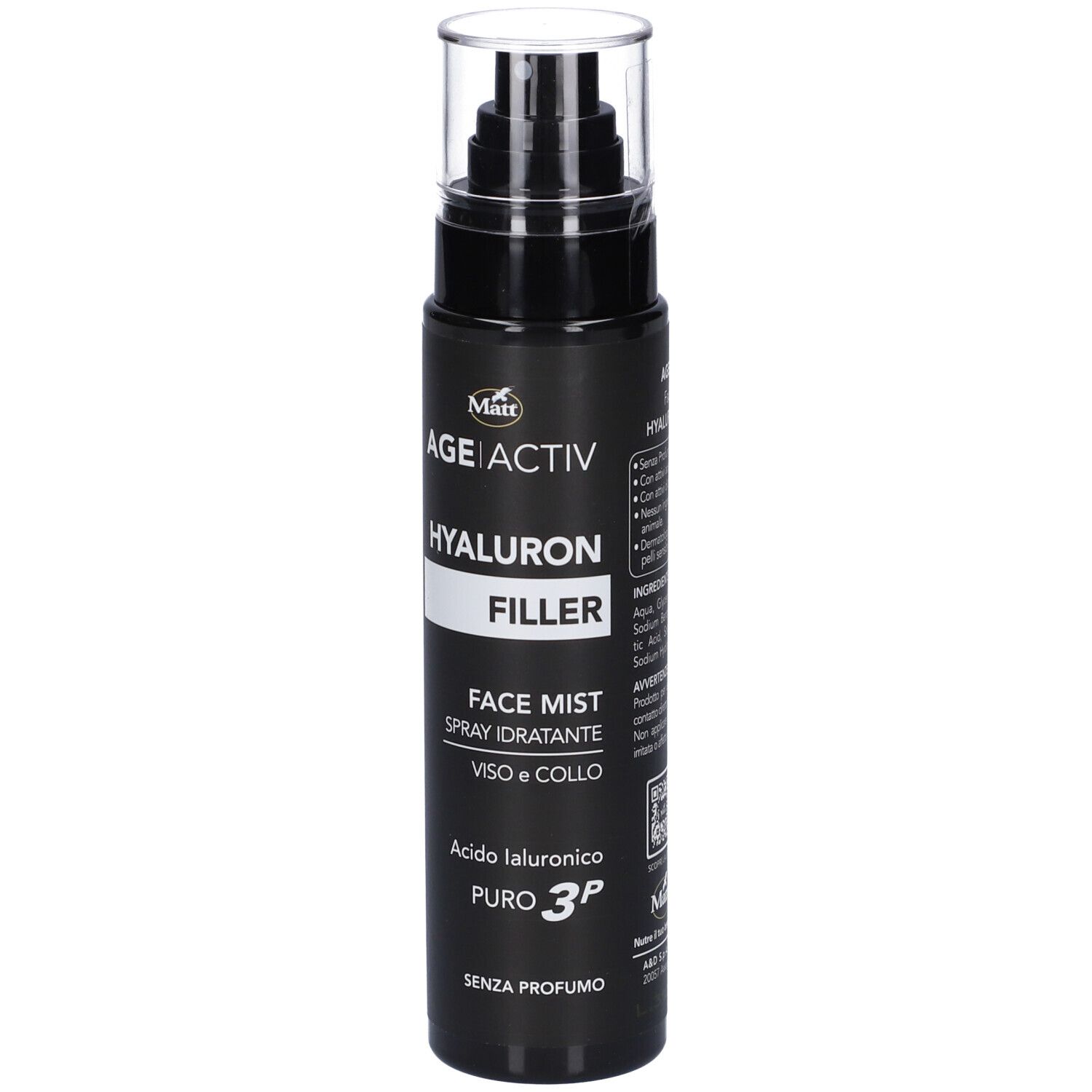 Matt Ageactiv Hyaluron Filler Face Mist Spray, fronte con nome del prodotto e dettagli.