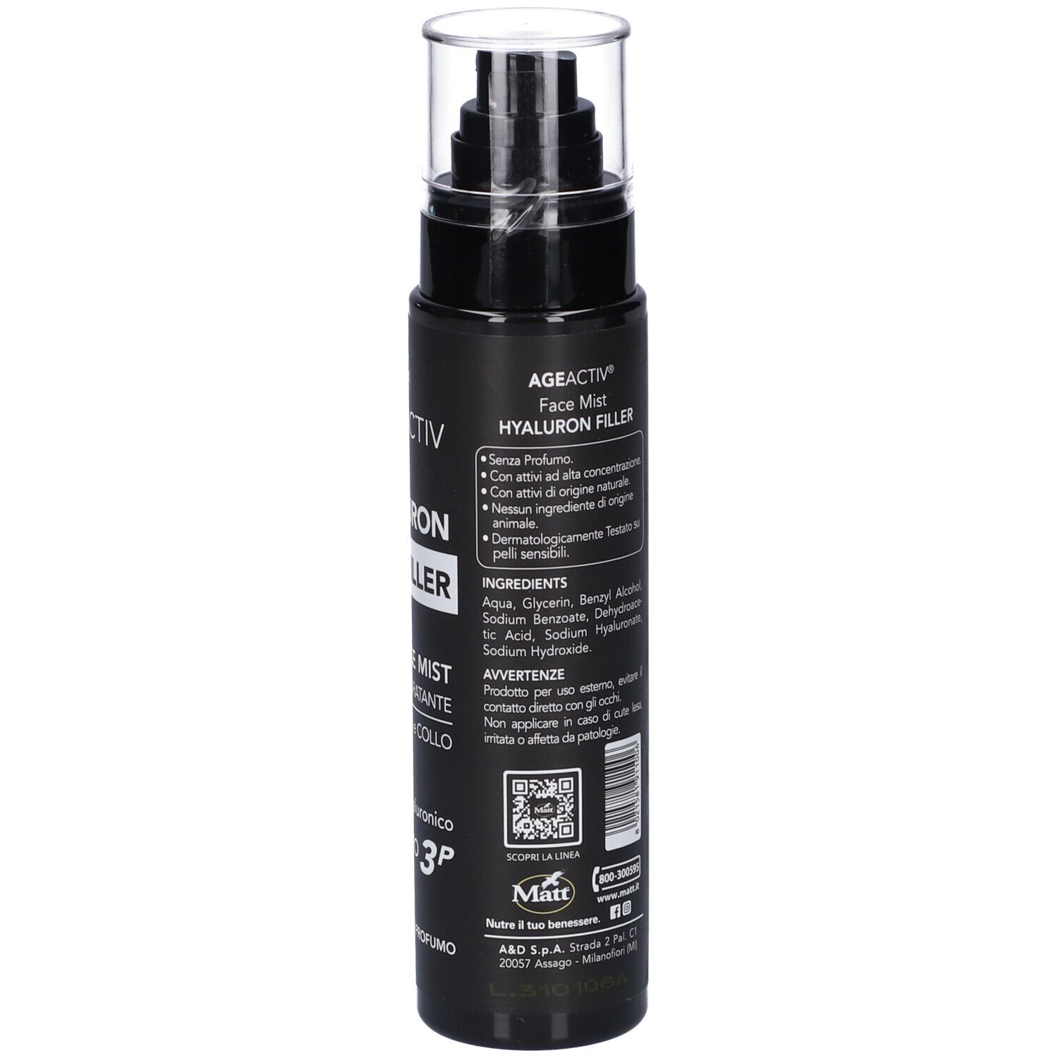 Matt Ageactiv Hyaluron Filler Face Mist Spray, elenco ingredienti e avvertenze.